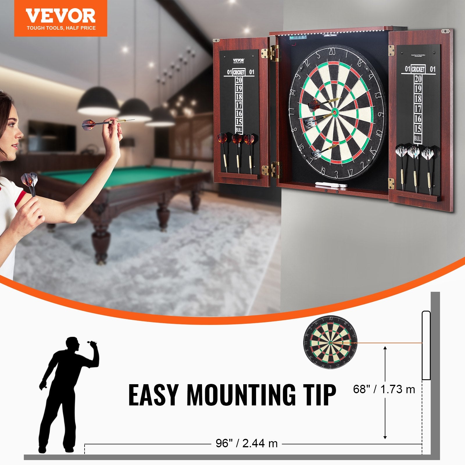Official Size 18" Dartboard Cabinet Set LED Light Steel Tip Game Bundle
