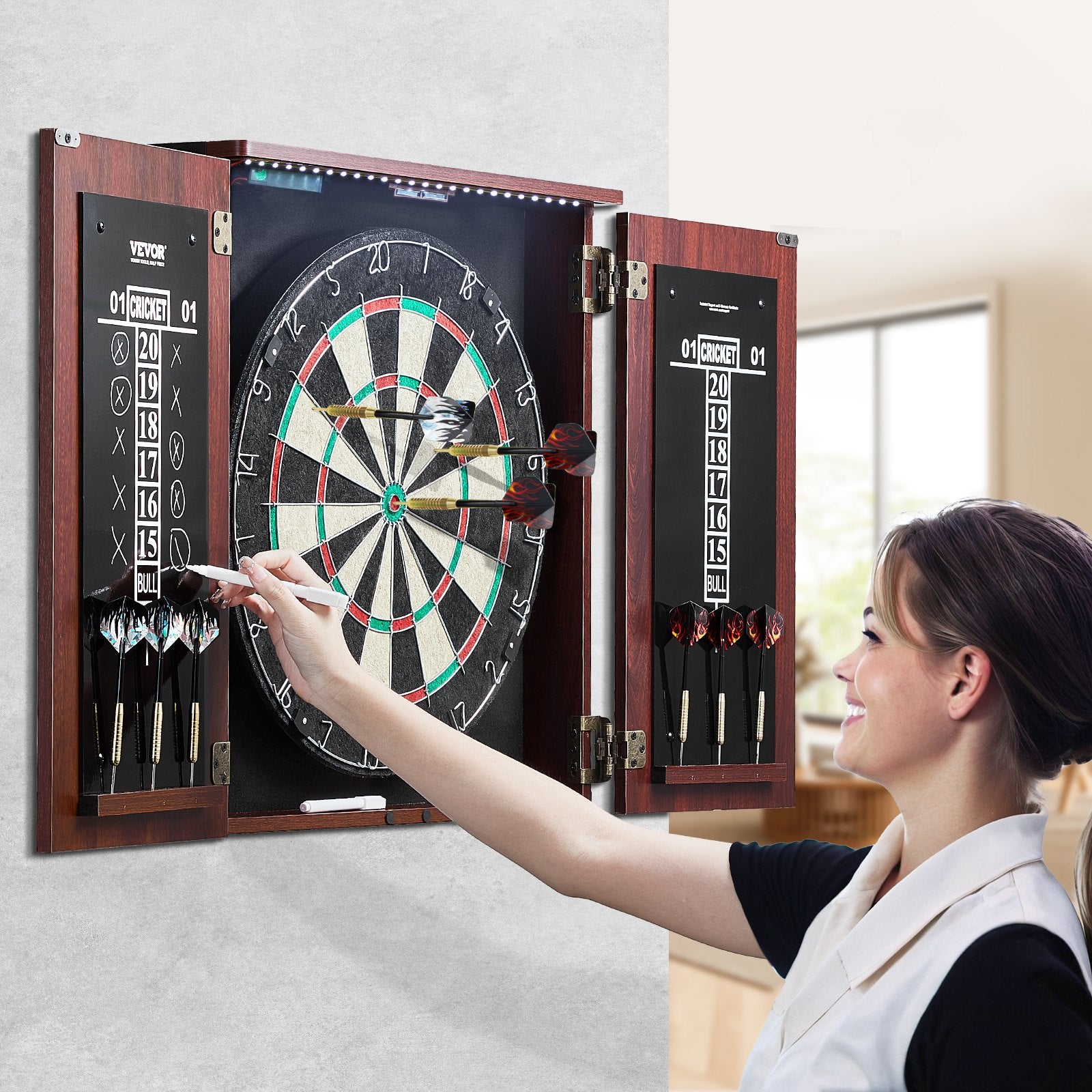 Official Size 18" Dartboard Cabinet Set LED Light Steel Tip Game Bundle