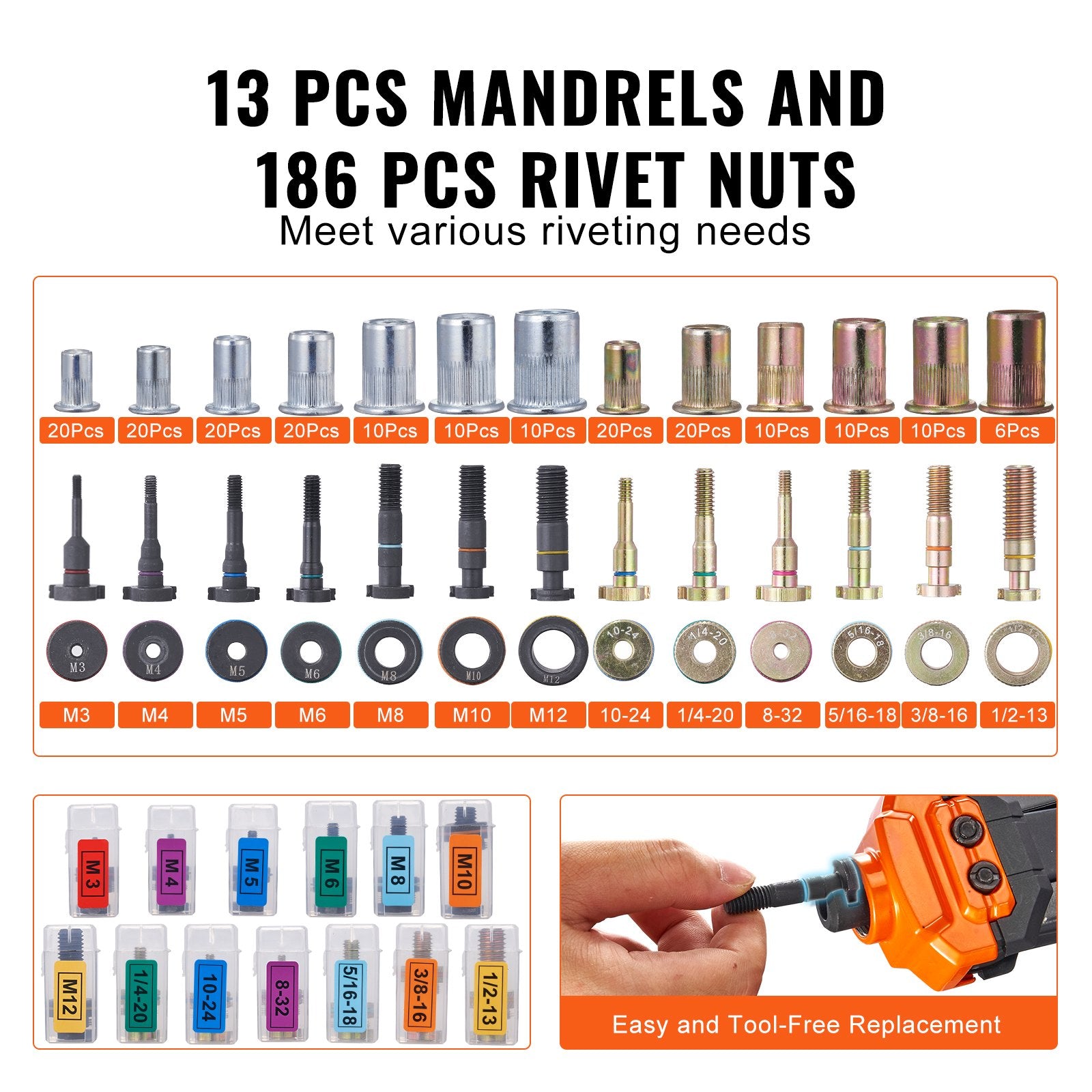 Rivet Nut Tool 16" Kit 13PCS Mandrels 186PCS Rivet Nuts Semi-Auto Retraction
