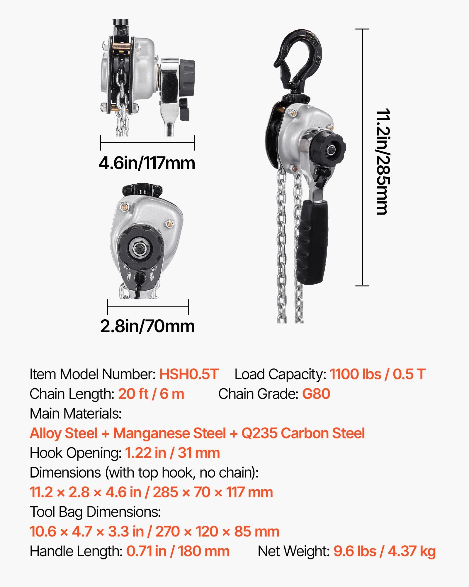 Manual Lever Chain Hoist 1/2T 500KG 6M G80 Steel Chain Dual Pawl Brake Hooks