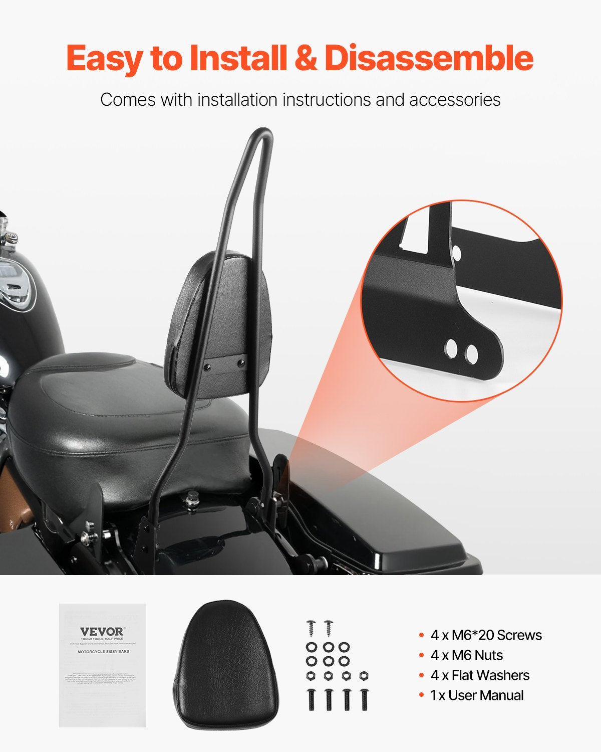 Motorcycle Backrest Sissy Bar for Harley Dyna Street Glide Road King 730mm Black