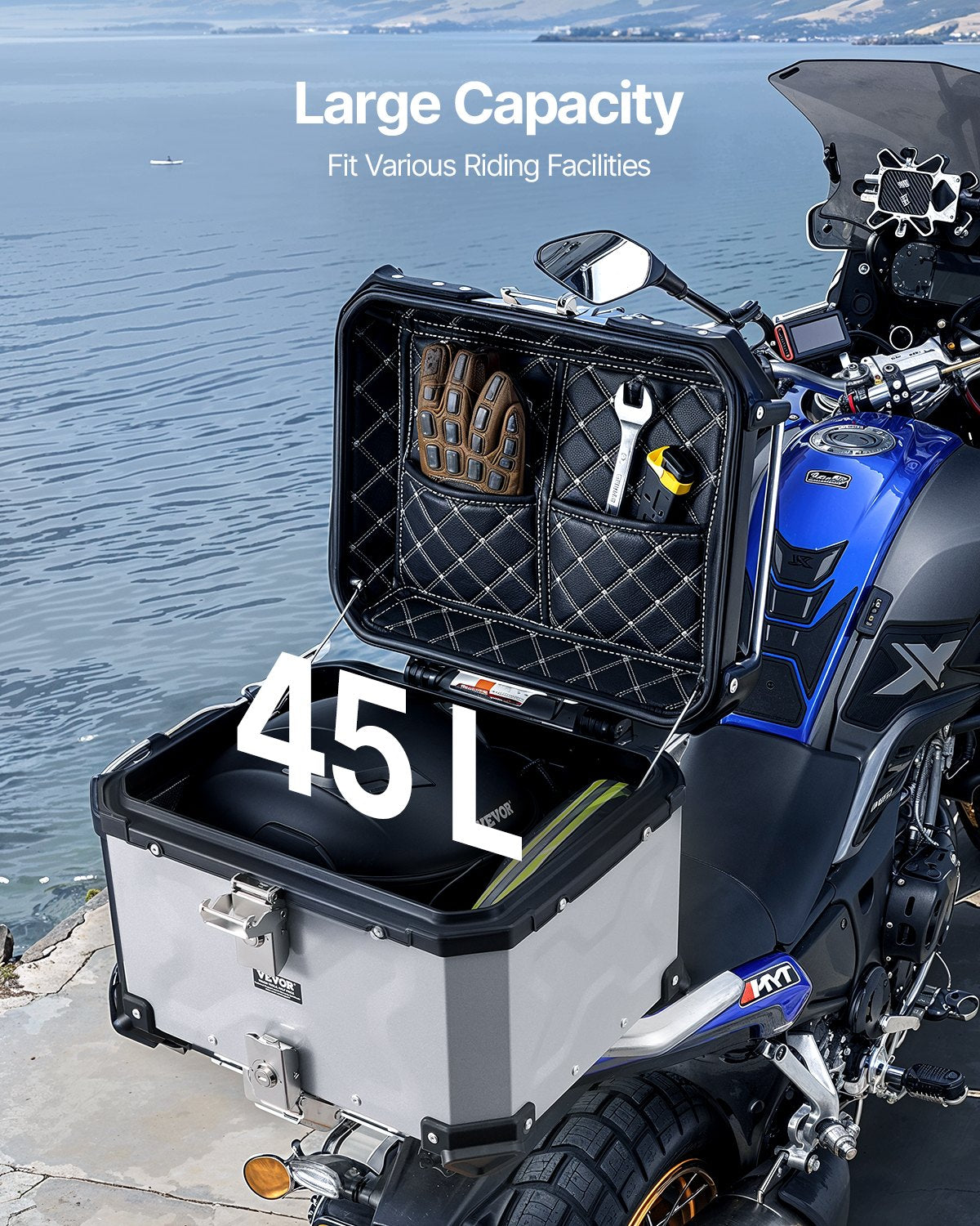 Motorcycle Top Case 45L Aluminum Alloy Waterproof Detachable Box Leather Cushion