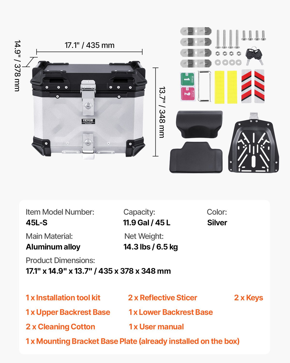 Motorcycle Top Case 45L Aluminum Alloy Waterproof Detachable Box Leather Cushion
