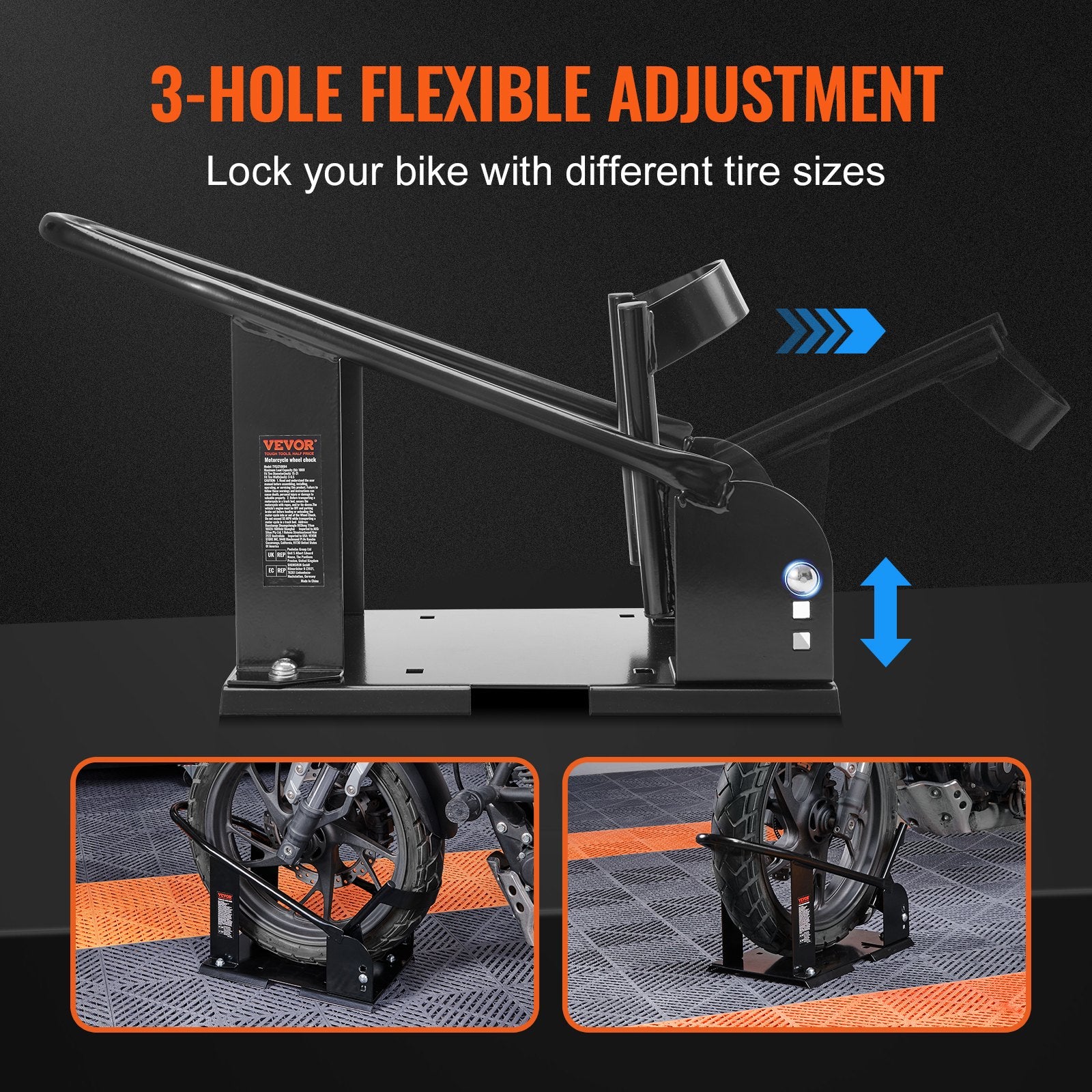 Motorcycle Wheel Chock 816.5kg Steel Front Wheel Stand 3 Adjustable Holes