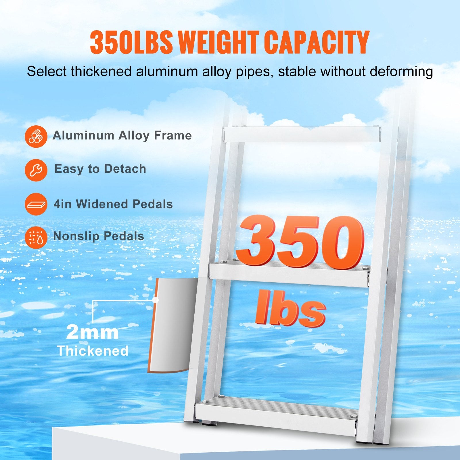 Removable 3-Step Aluminum Dock Ladder, 350 lbs Capacity, Nonslip Wide Steps