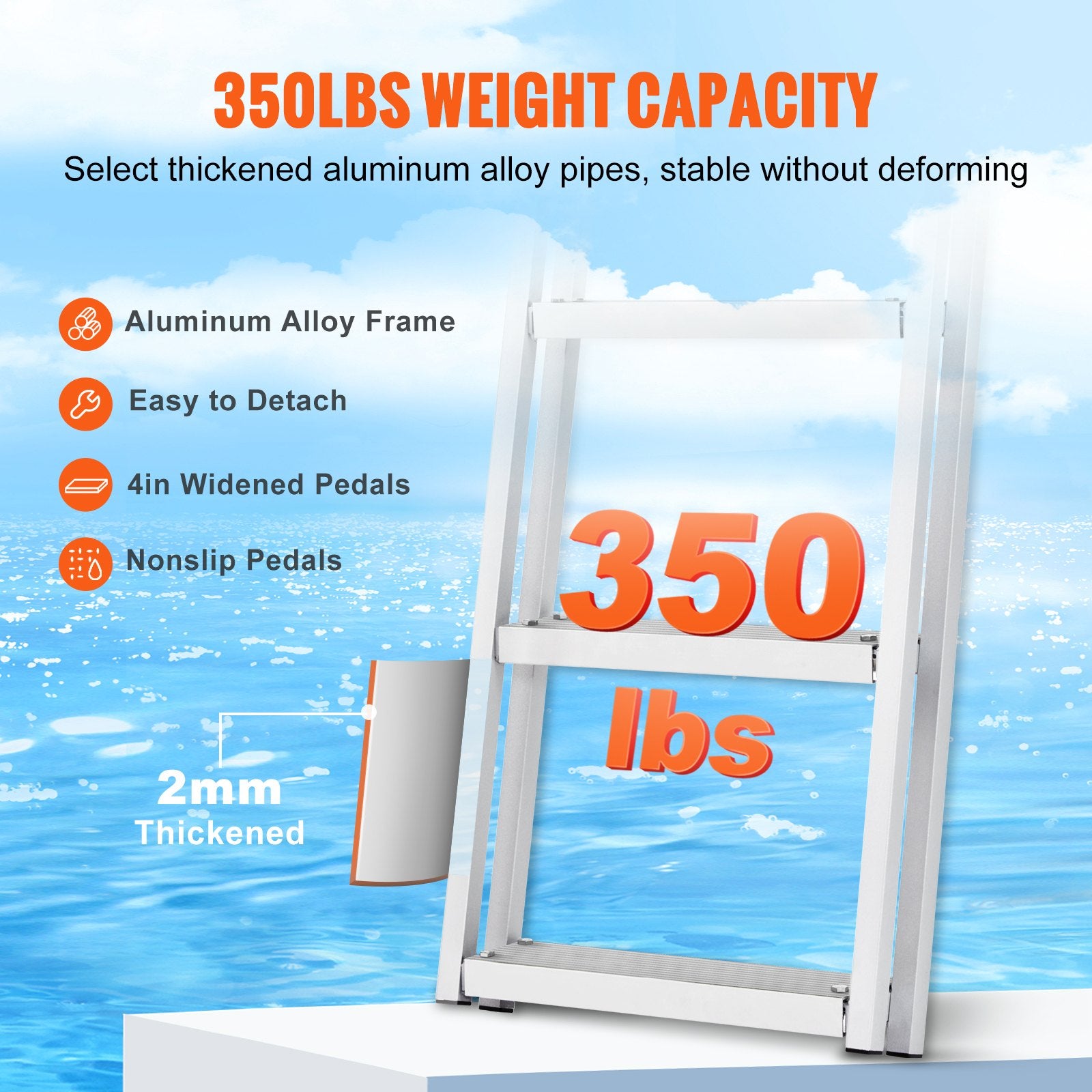 Flip-Up 4-Step Aluminum Dock Ladder, 159 kg Capacity, Nonslip Wide Steps