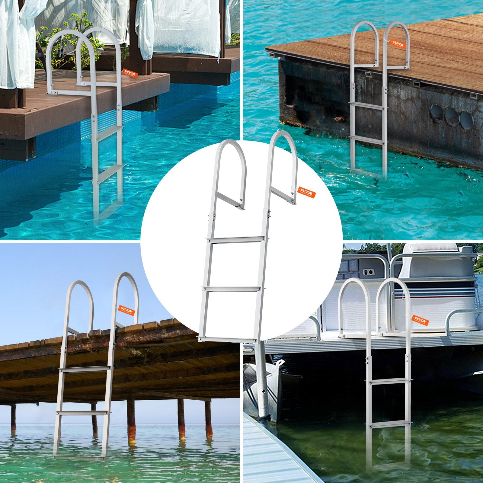 Dock Ladder Removable 3-Step Aluminum 227kg Load Nonslip Rubber Mat Marine Use