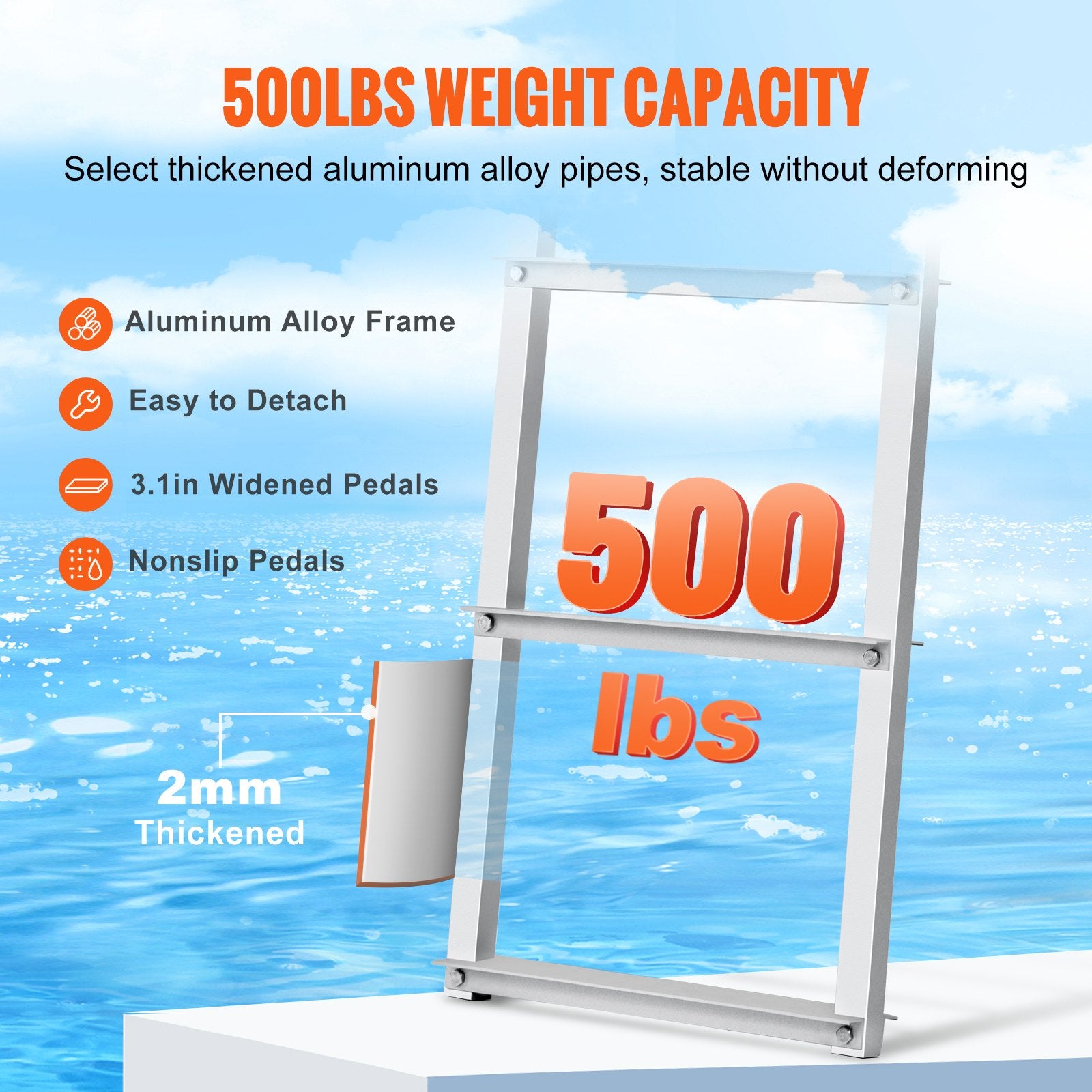 Removable 4 Step Dock Ladder Aluminum Alloy 500 lbs Load Marine Ladder