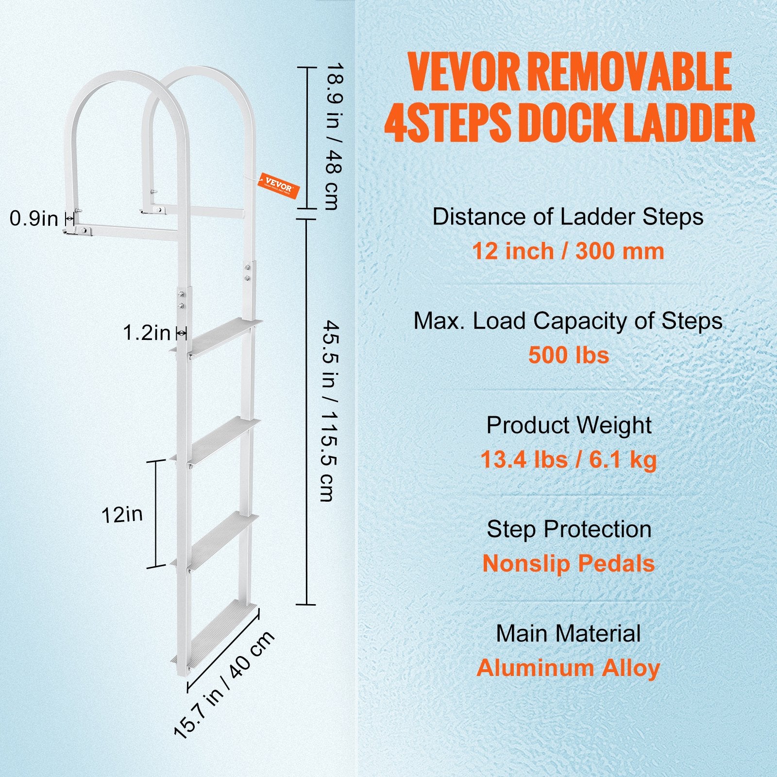 Removable 4 Step Dock Ladder Aluminum Alloy 500 lbs Load Marine Ladder