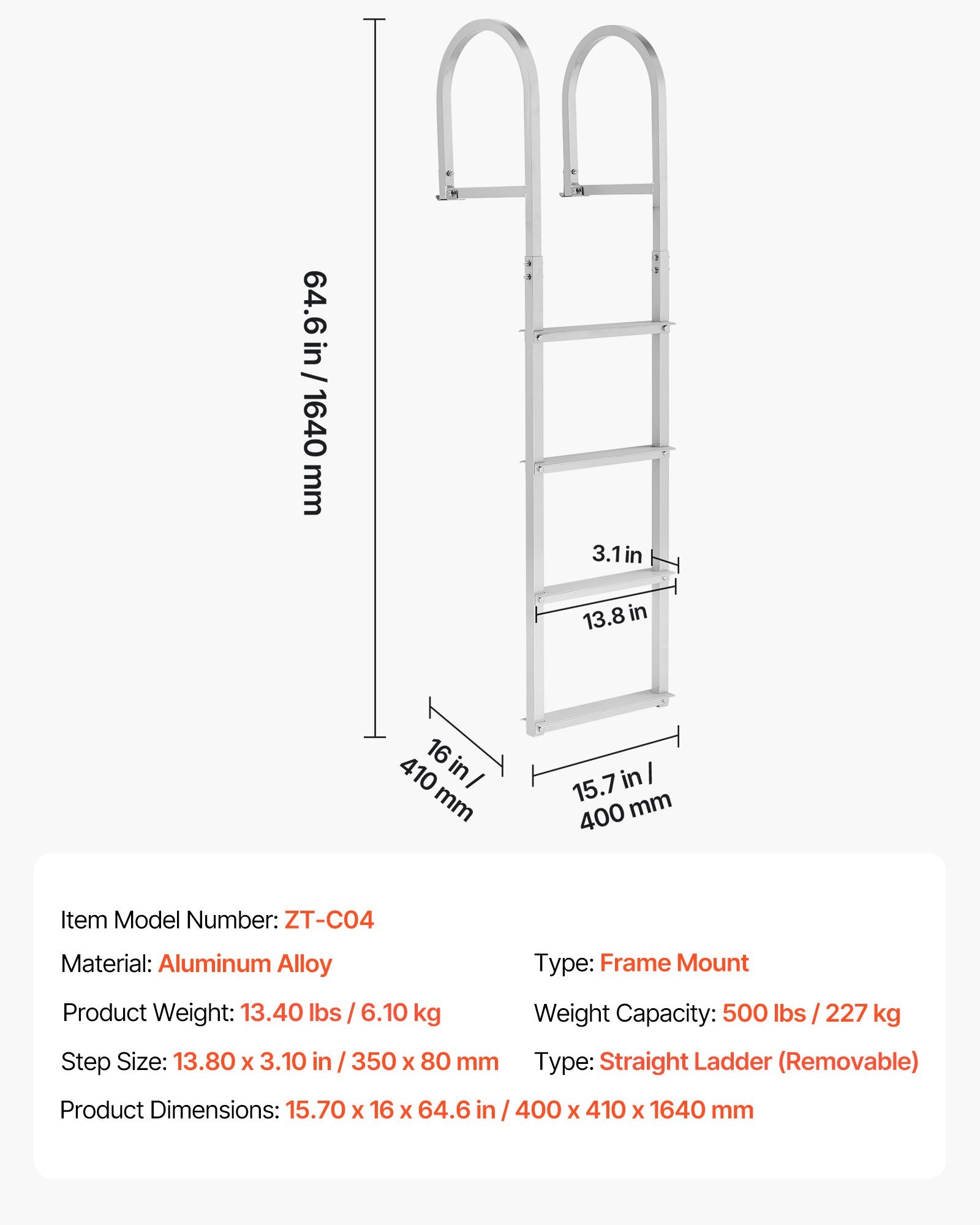 4-Step Removable Dock Ladder Aluminum Pontoon Boat Swim Ladder 227kg Capacity