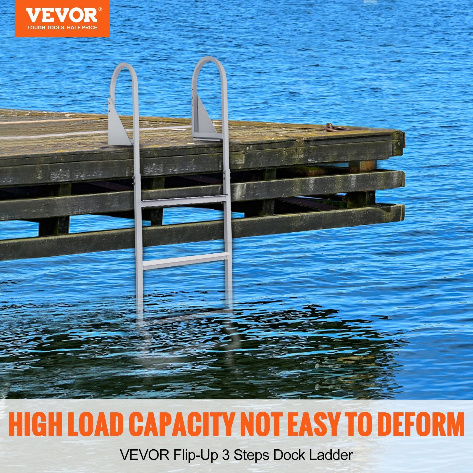 Flip-Up 3-Step Aluminum Dock Ladder, 159 kg Capacity, Nonslip Rubber Steps