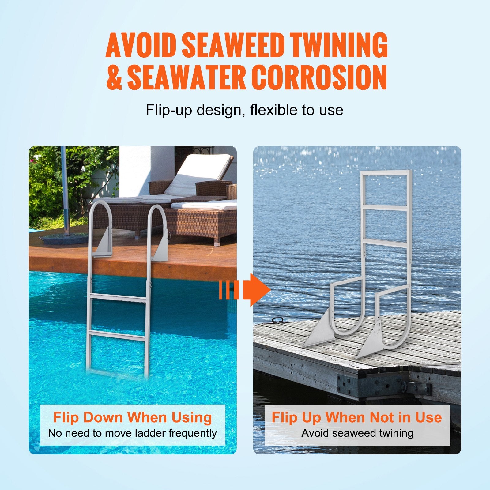 Flip-Up 3-Step Aluminum Dock Ladder, 159 kg Capacity, Nonslip Rubber Steps