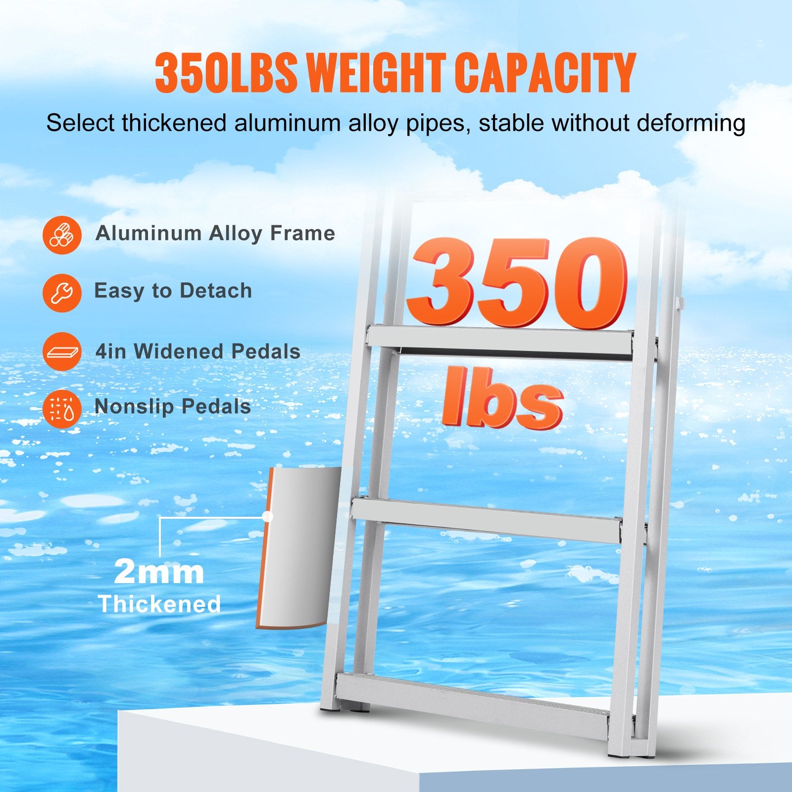 Retractable 5-Step Aluminum Dock Ladder, 350 lbs Capacity, Adjustable Height