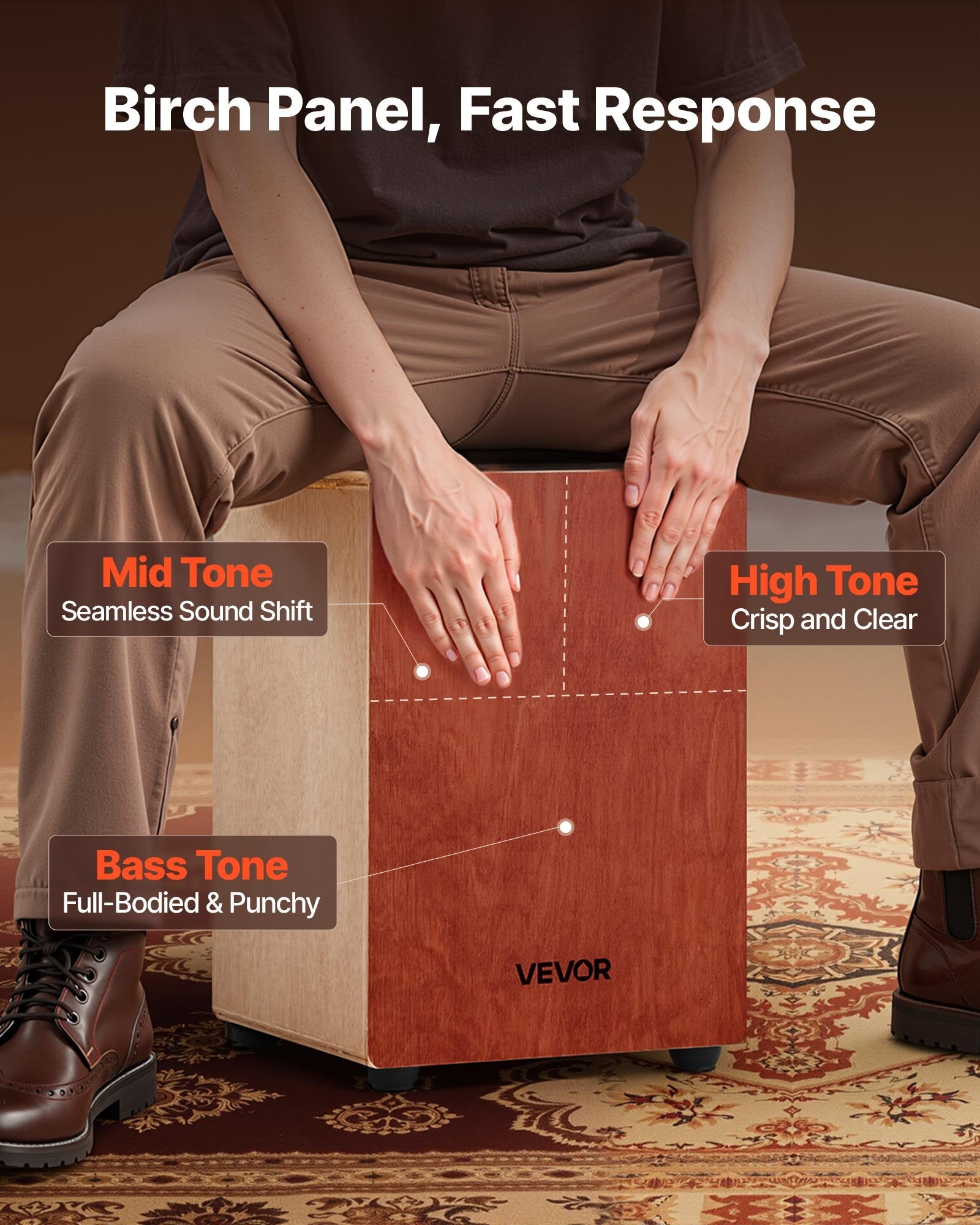 Cajon Box Drum Lightweight Birch Wood Percussion Internal Strings Silicone Feet