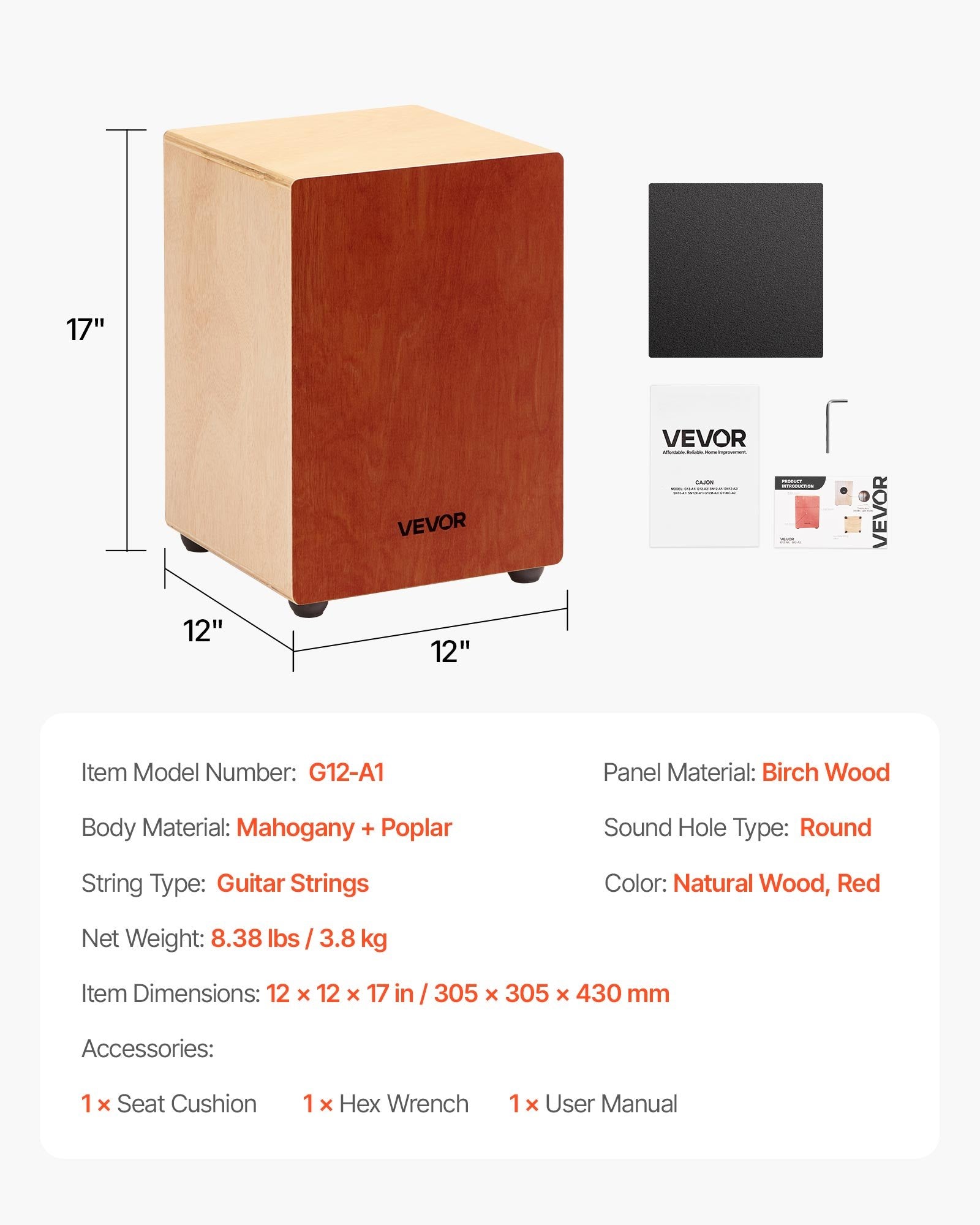 Cajon Box Drum Lightweight Birch Wood Percussion Internal Strings Silicone Feet