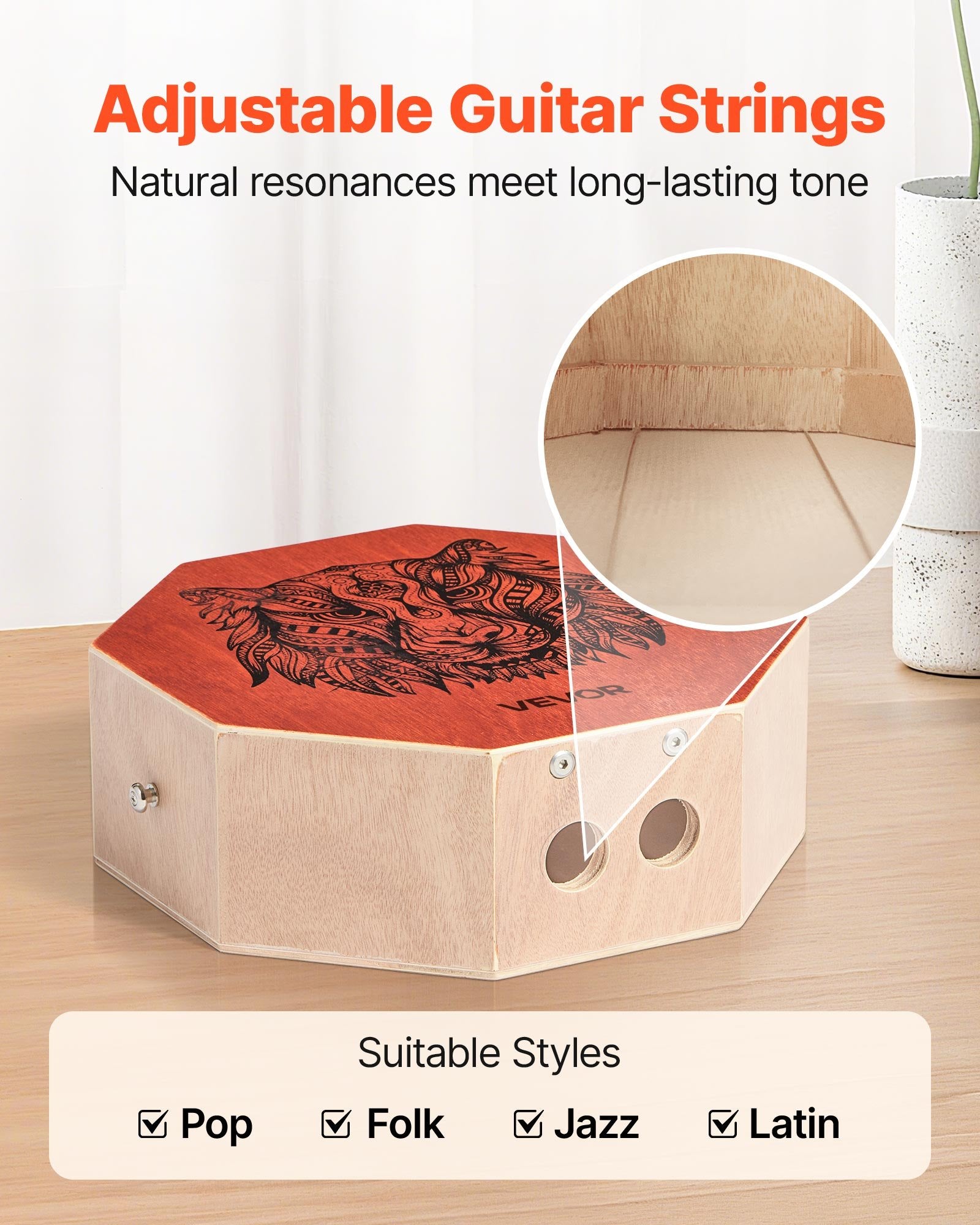 Cajon Box Drum Portable Birch Wood Percussion Internal Strings Adjustable Strap