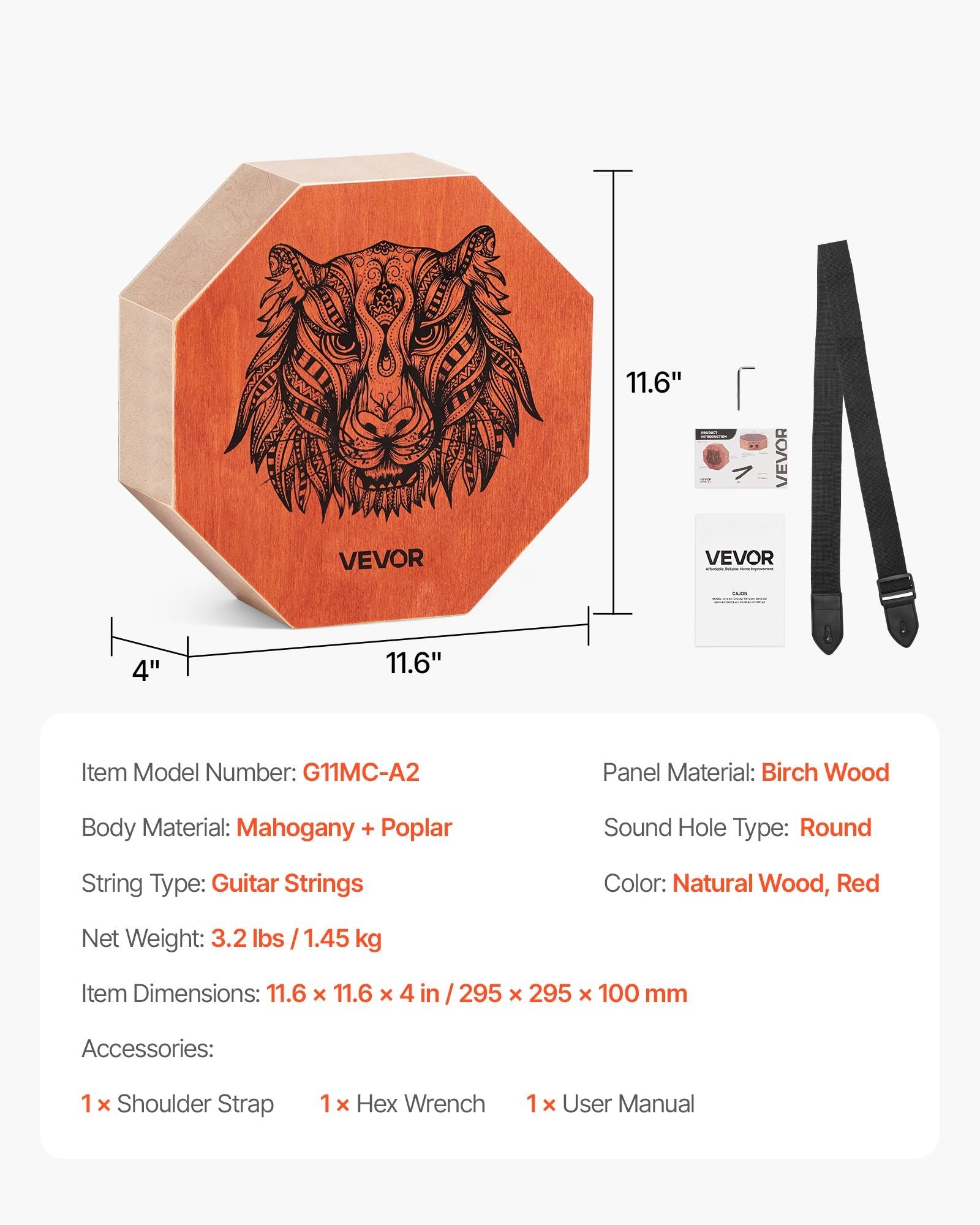 Cajon Box Drum Portable Birch Wood Percussion Internal Strings Adjustable Strap
