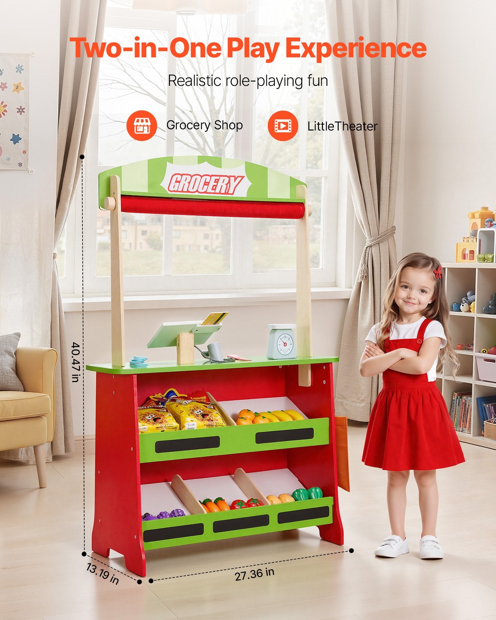 Wooden Puppet Theater 2-in-1 Reversible Play Store Double-Sided Market Playset