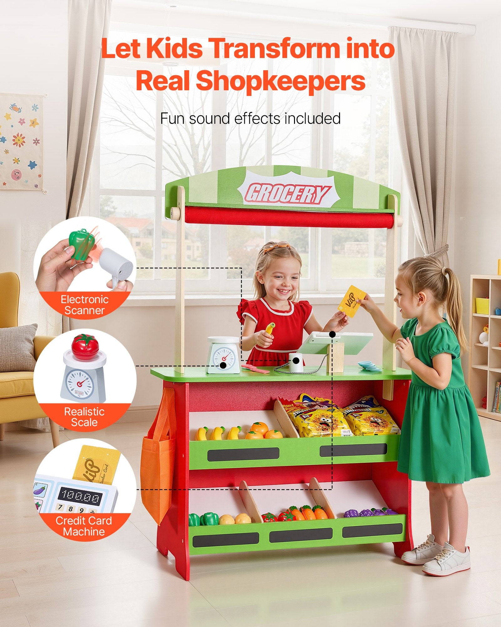 Wooden Puppet Theater 2-in-1 Reversible Play Store Double-Sided Market Playset