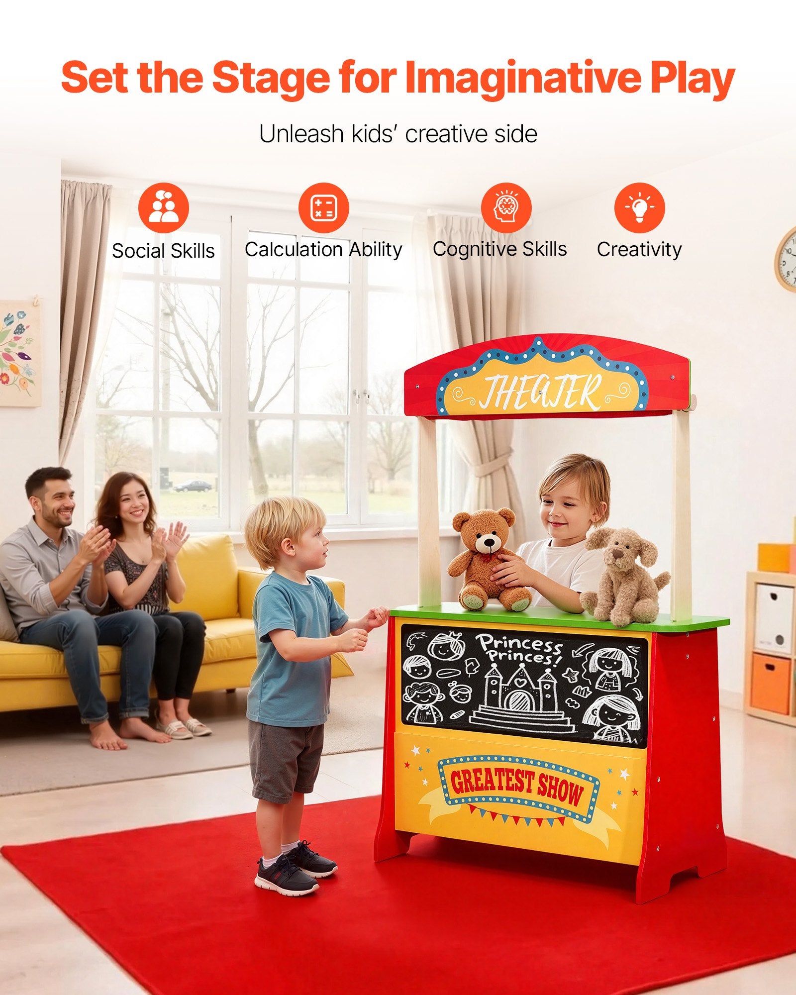 Wooden Puppet Theater 2-in-1 Reversible Play Store Double-Sided Market Playset