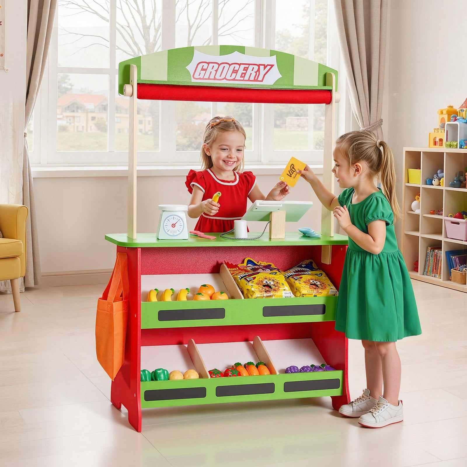 Wooden Puppet Theater 2-in-1 Reversible Play Store Double-Sided Market Playset