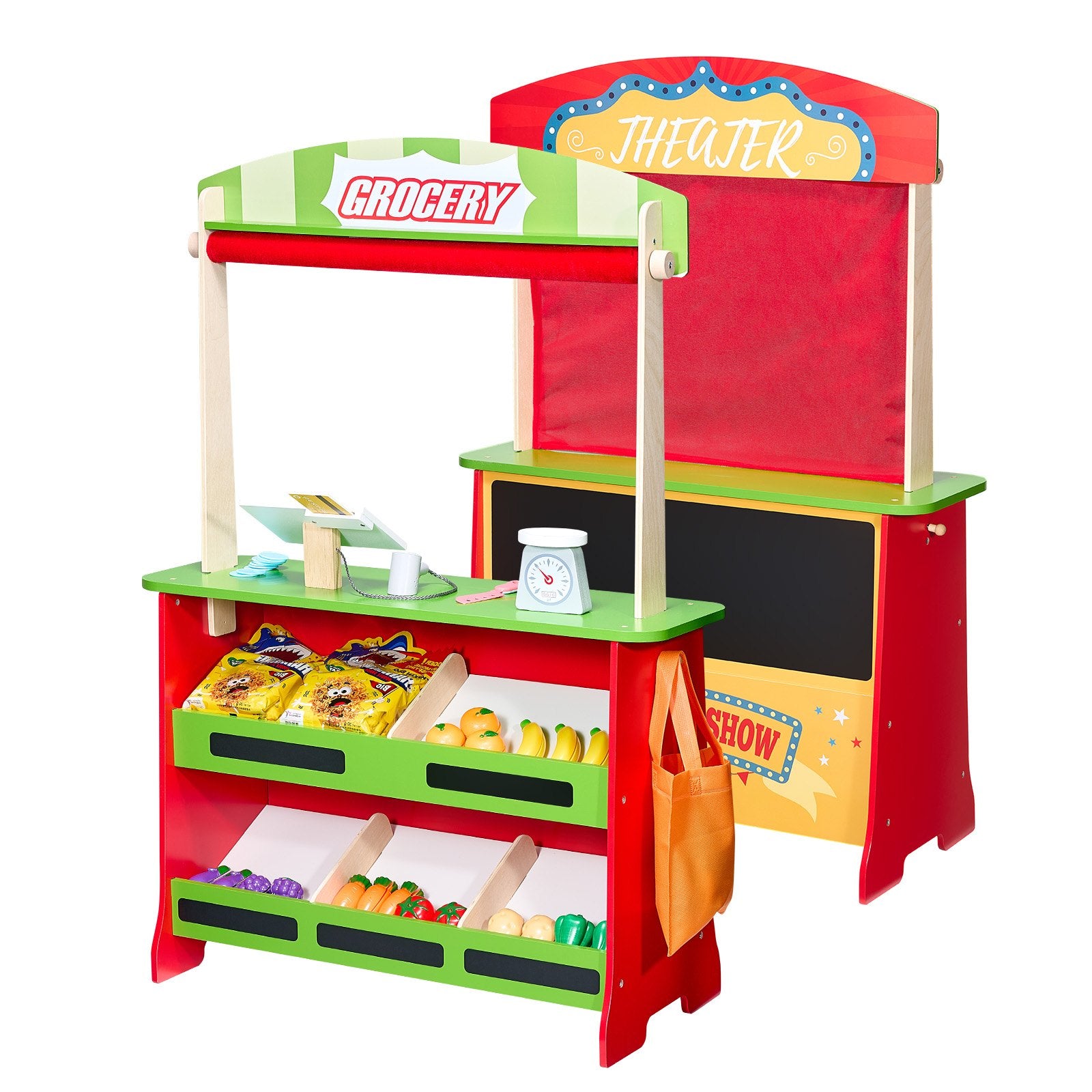 Wooden Puppet Theater 2-in-1 Reversible Play Store Double-Sided Market Playset
