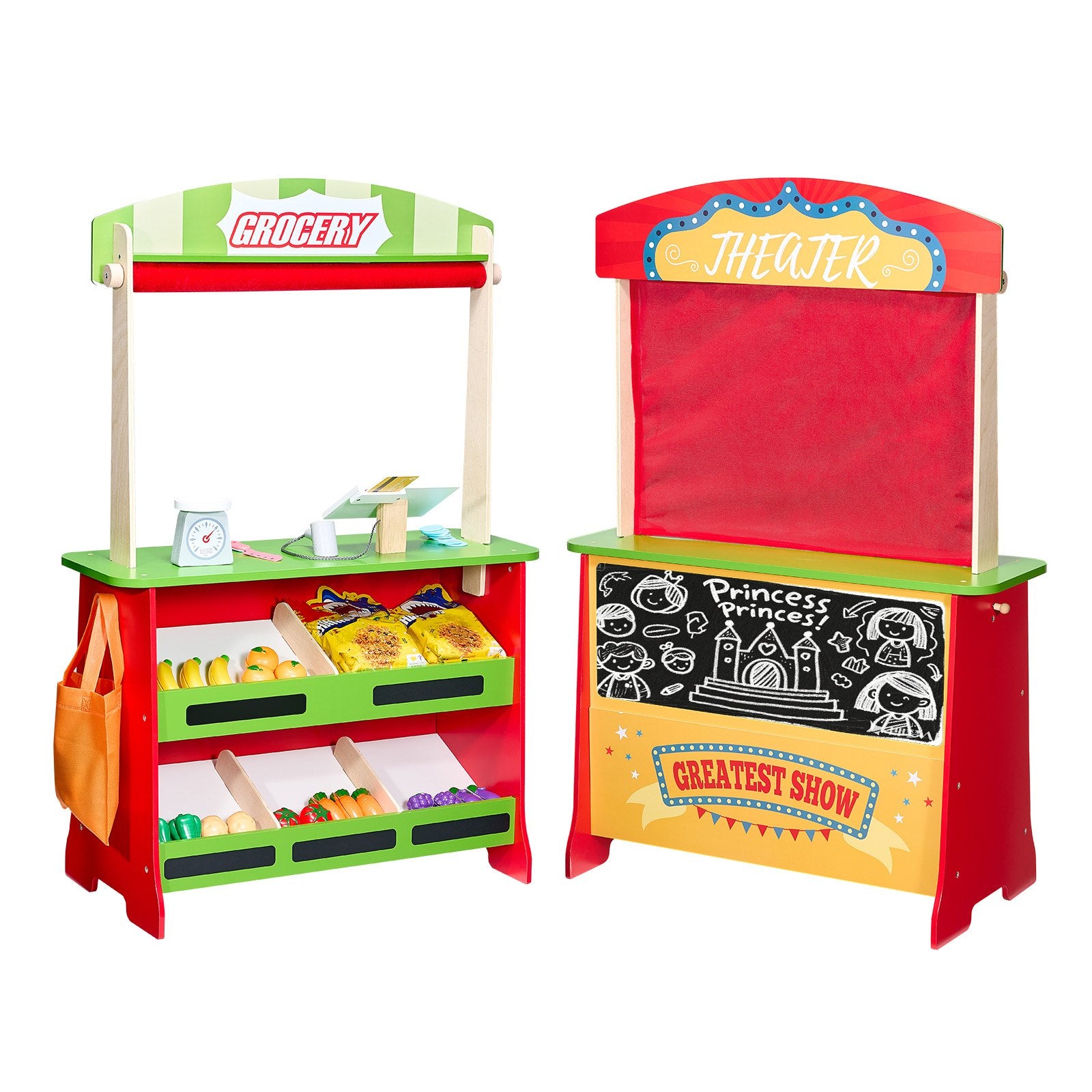 Wooden Puppet Theater 2-in-1 Reversible Play Store Double-Sided Market Playset
