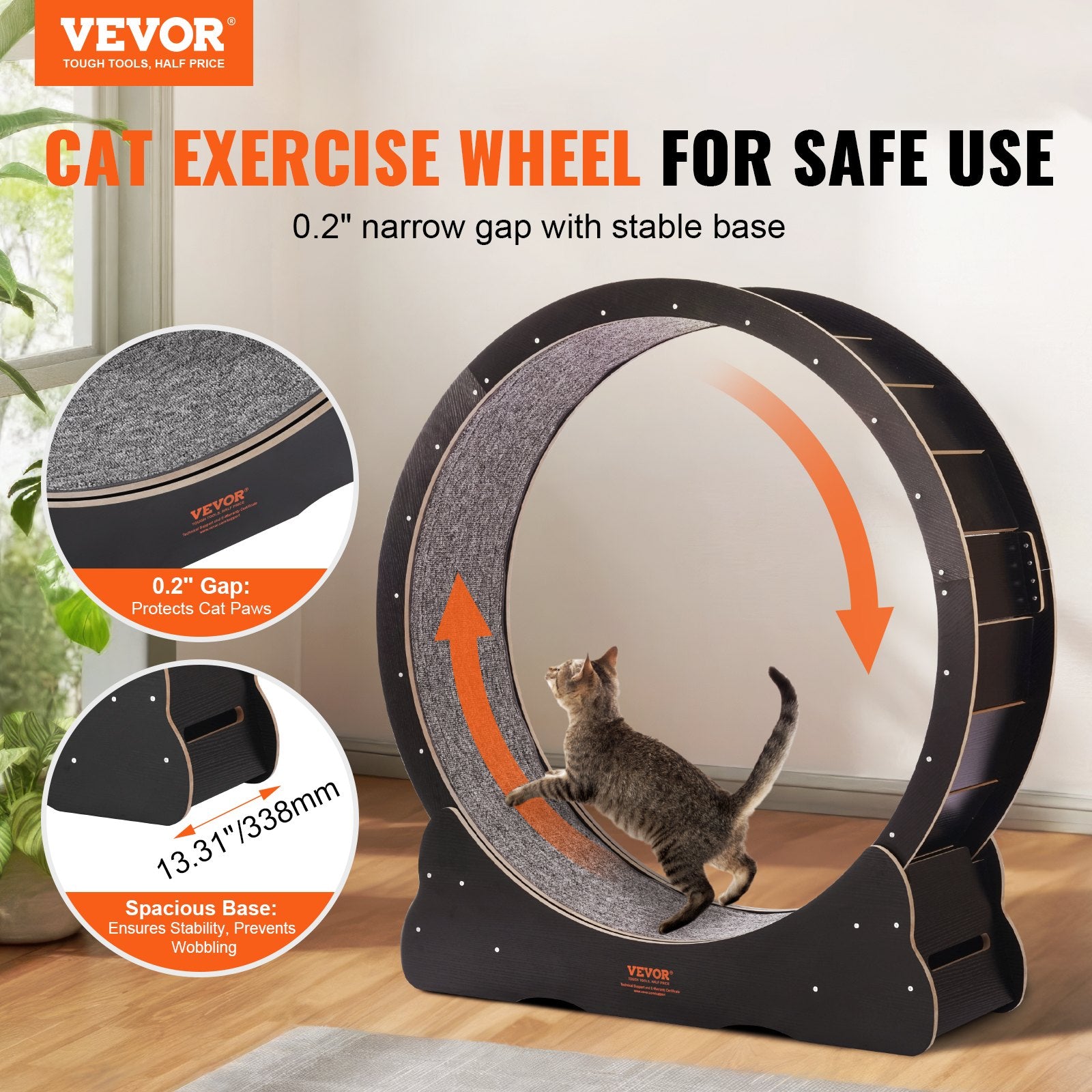 Wooden Cat Exercise Wheel 1100mm, Large Indoor Treadmill with Carpet & Teaser