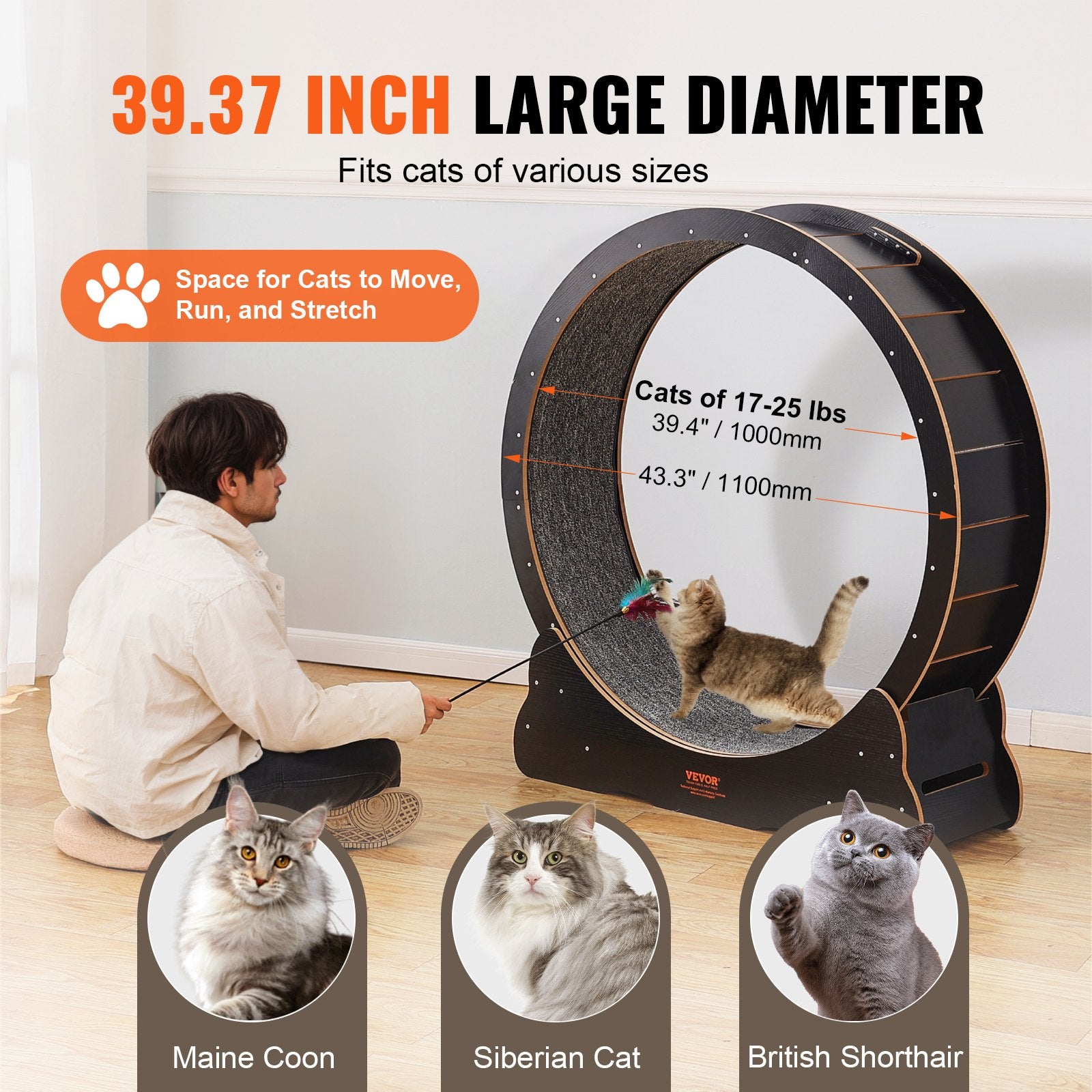 Wooden Cat Exercise Wheel 1100mm, Large Indoor Treadmill with Carpet & Teaser