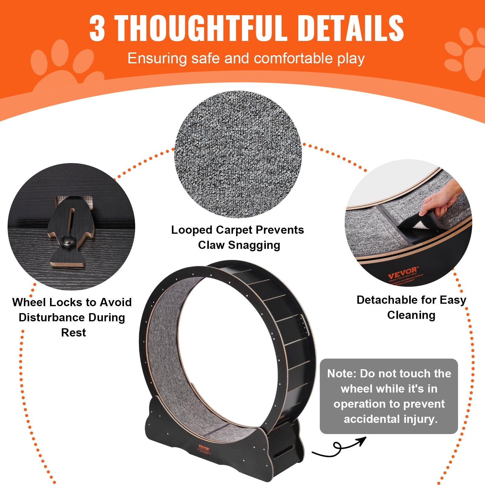 Wooden Cat Exercise Wheel 1100mm, Large Indoor Treadmill with Carpet & Teaser