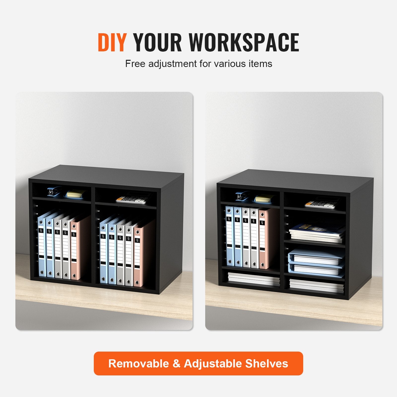 12-Compartment Wood Literature Organizer File Sorter w/ Removable Shelves Black