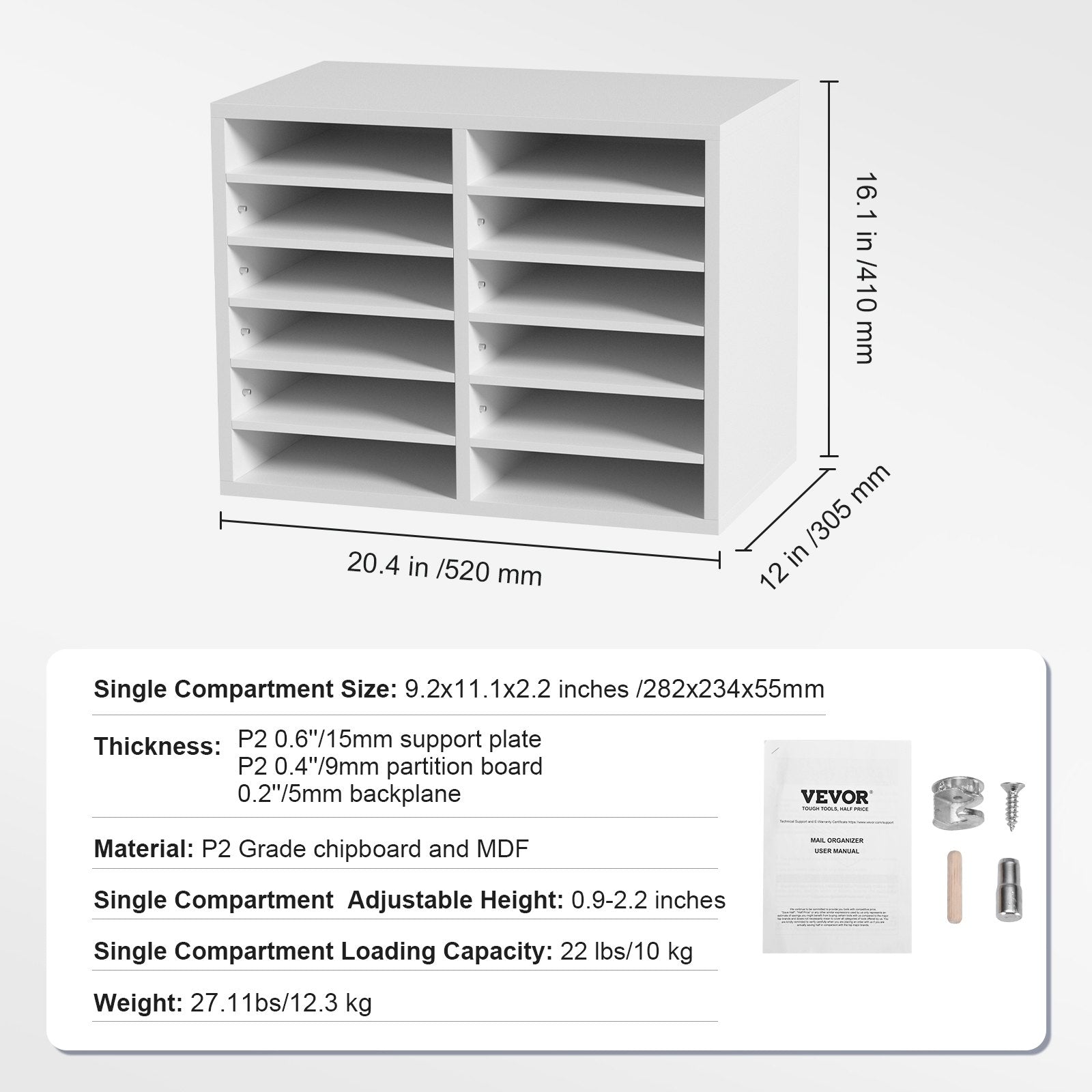 Wood Literature Organizer Adjustable File Sorter 12 Compartments White