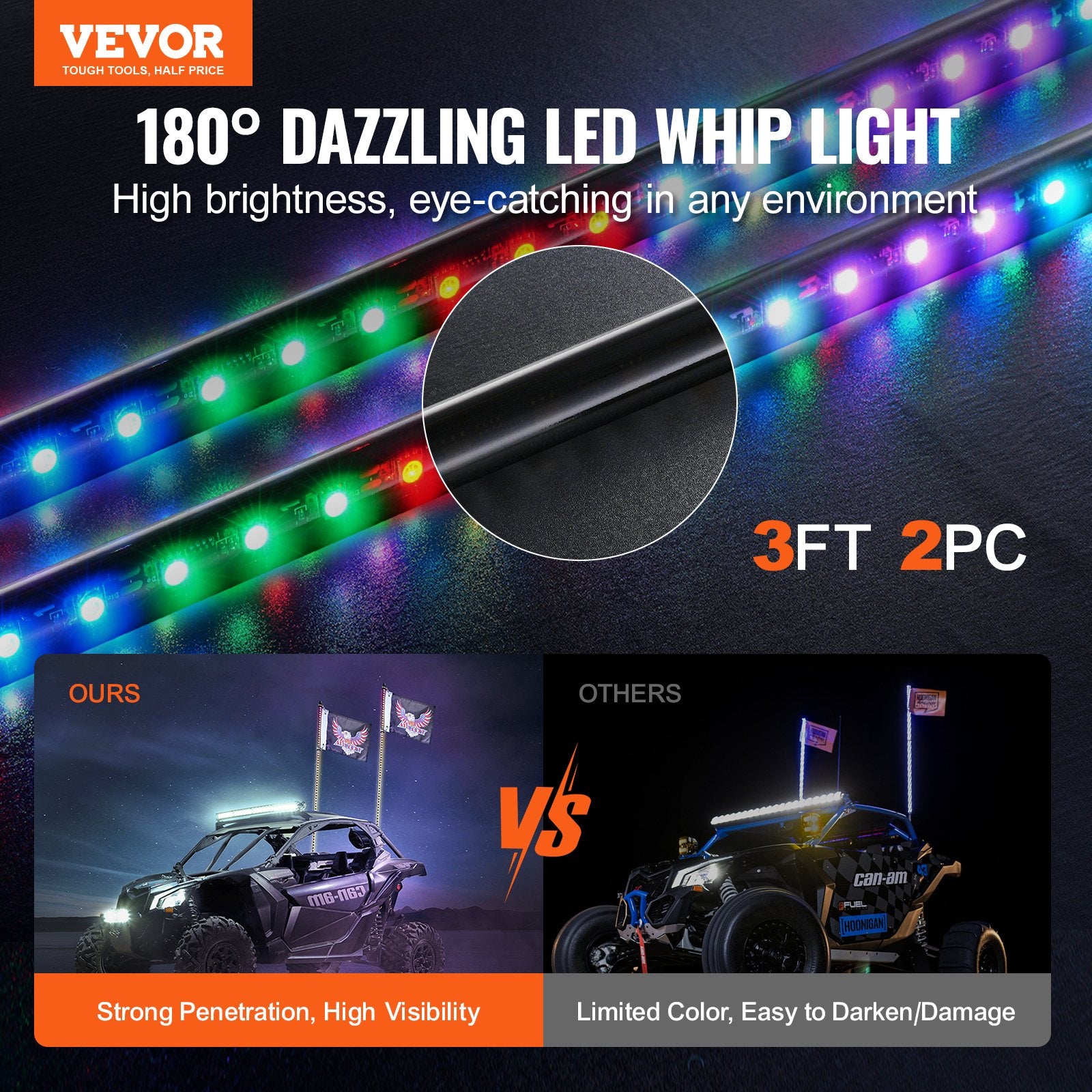 2PCS 3FT Whip Light RGB LED Waterproof with APP & RF Remote for UTV ATV