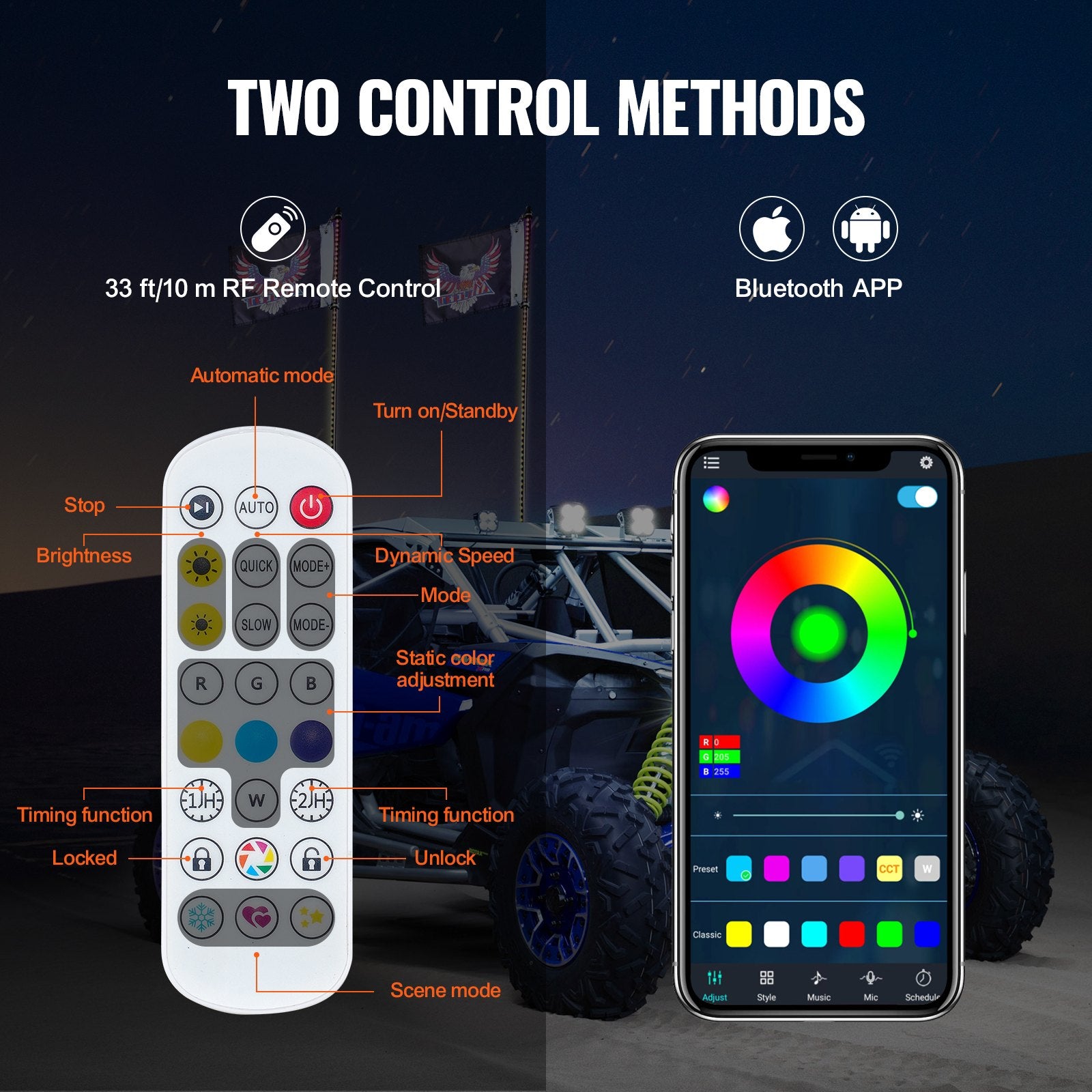 2PCS 3FT Whip Light RGB LED Waterproof with APP & RF Remote for UTV ATV