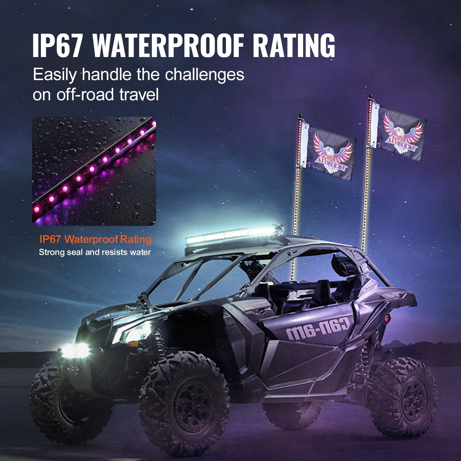 2PCS 3FT Whip Light RGB LED Waterproof with APP & RF Remote for UTV ATV