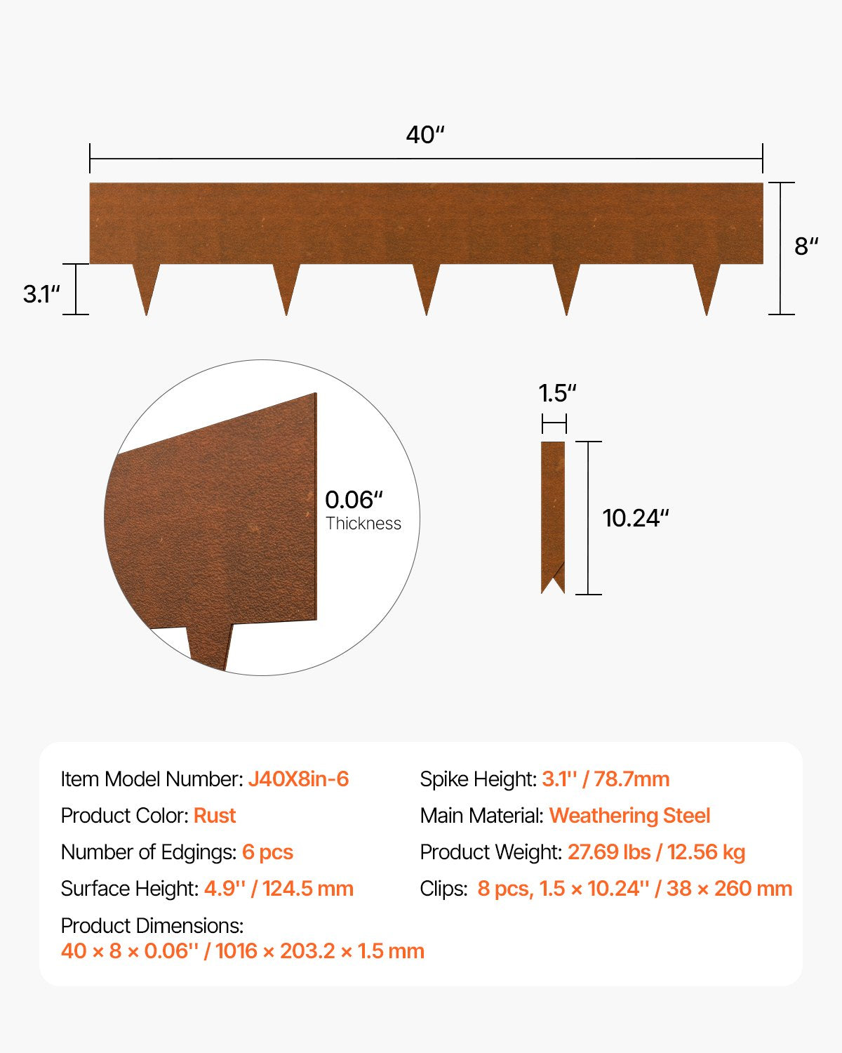 Steel Landscape Edging 6 Pack 40x8in Weather-Resistant Bendable Shark Spike