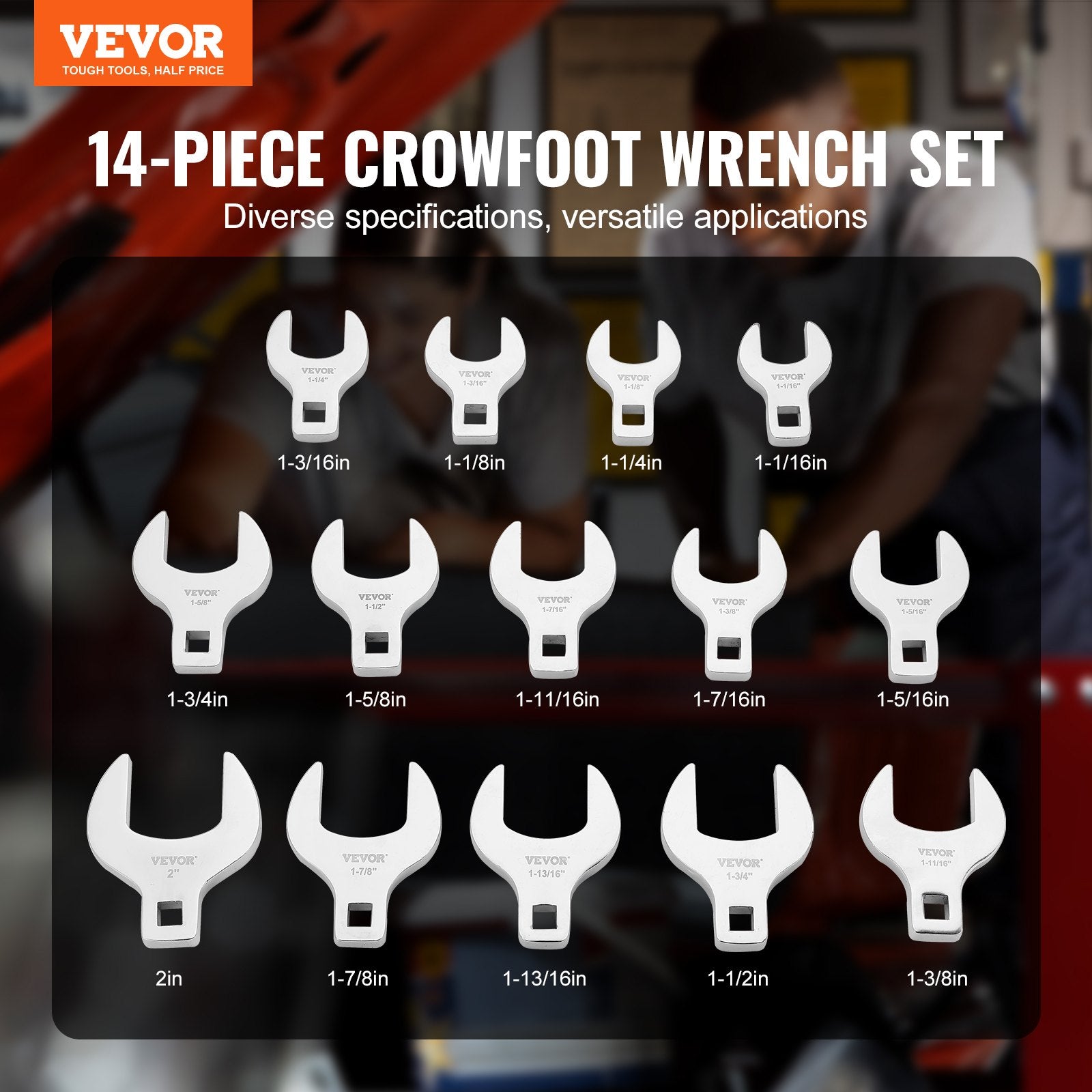 1/2" Drive Crowfoot Wrench Set 14-Piece SAE (1-1/16"–2") with Storage Tray