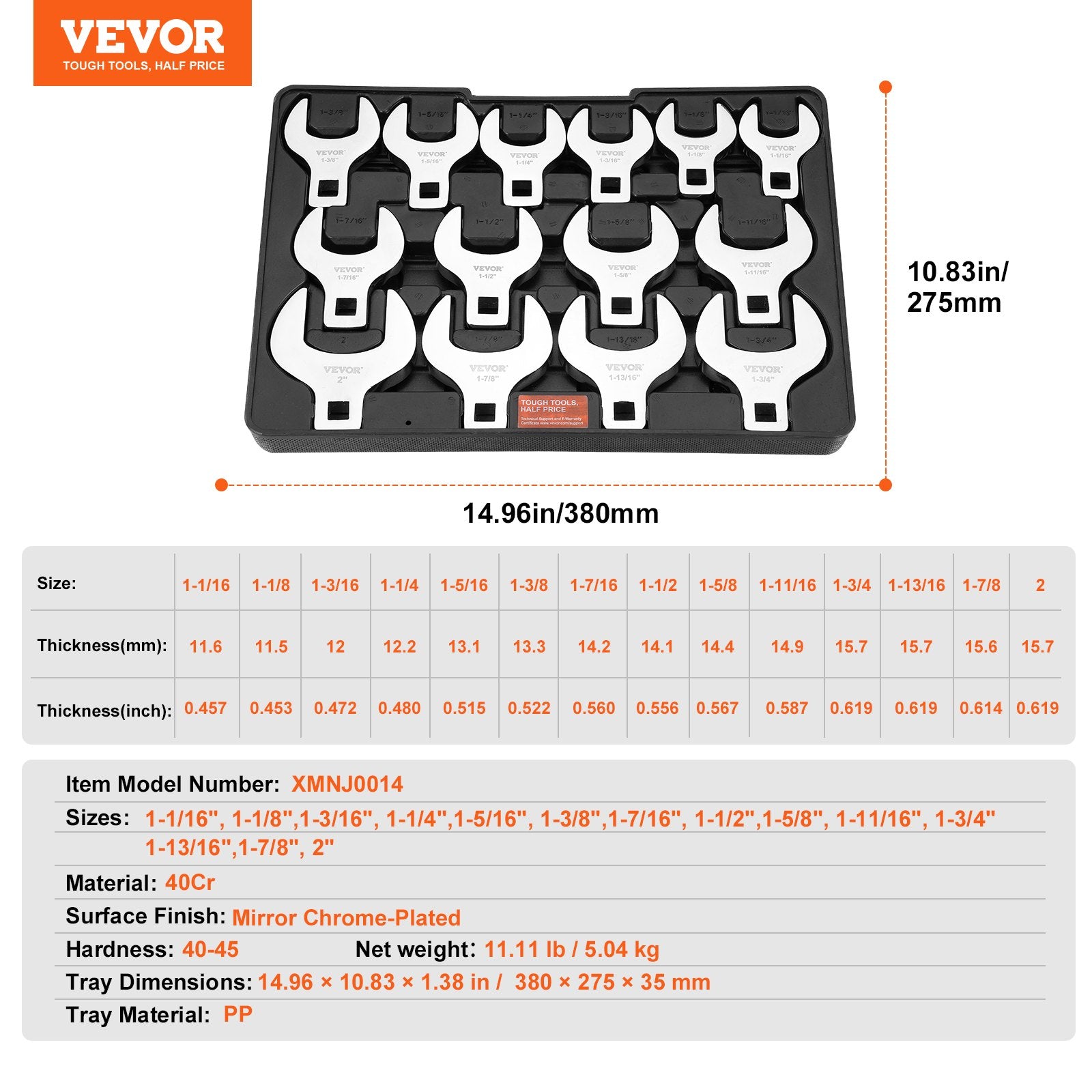 1/2" Drive Crowfoot Wrench Set 14-Piece SAE (1-1/16"–2") with Storage Tray