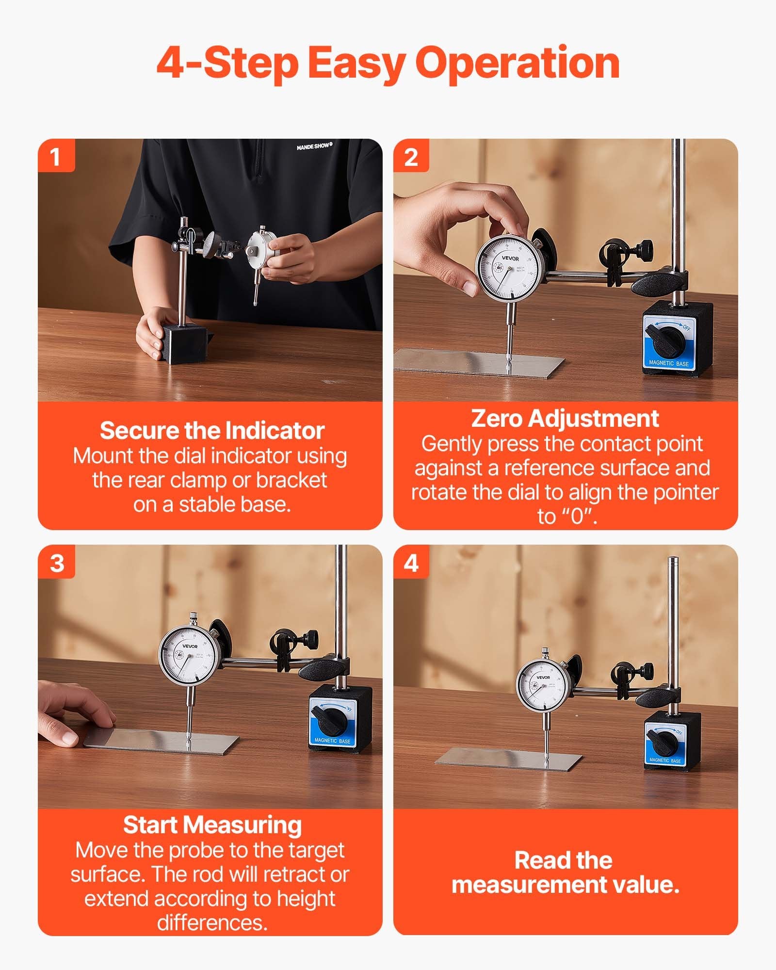 Dial Test Indicator 0.03mm Accuracy 0-25.4mm Range Large Dial Precision