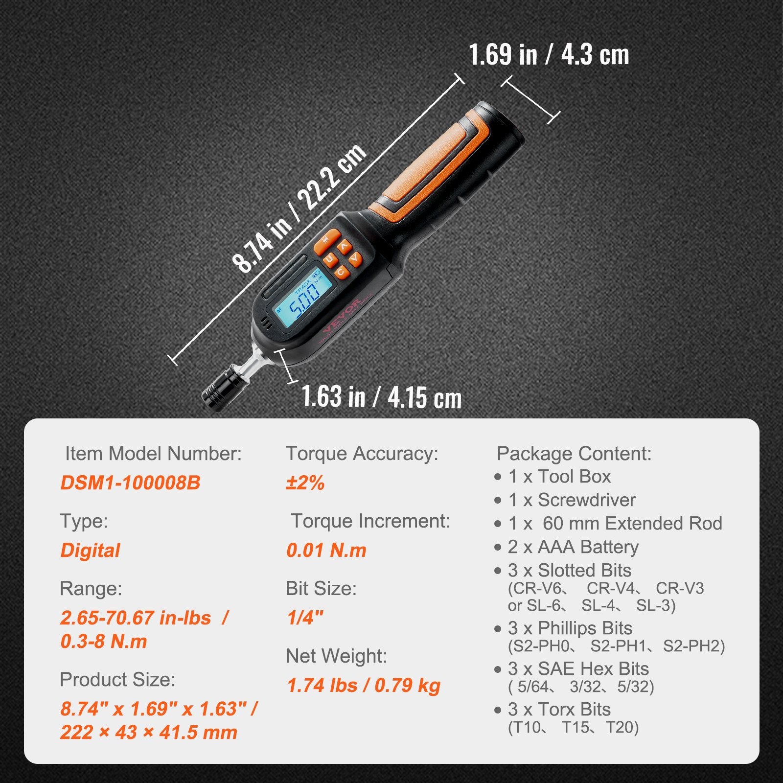 Digital Torque Screwdriver 1/4" 2.65-70.67in/lb 0.01N.m Increment