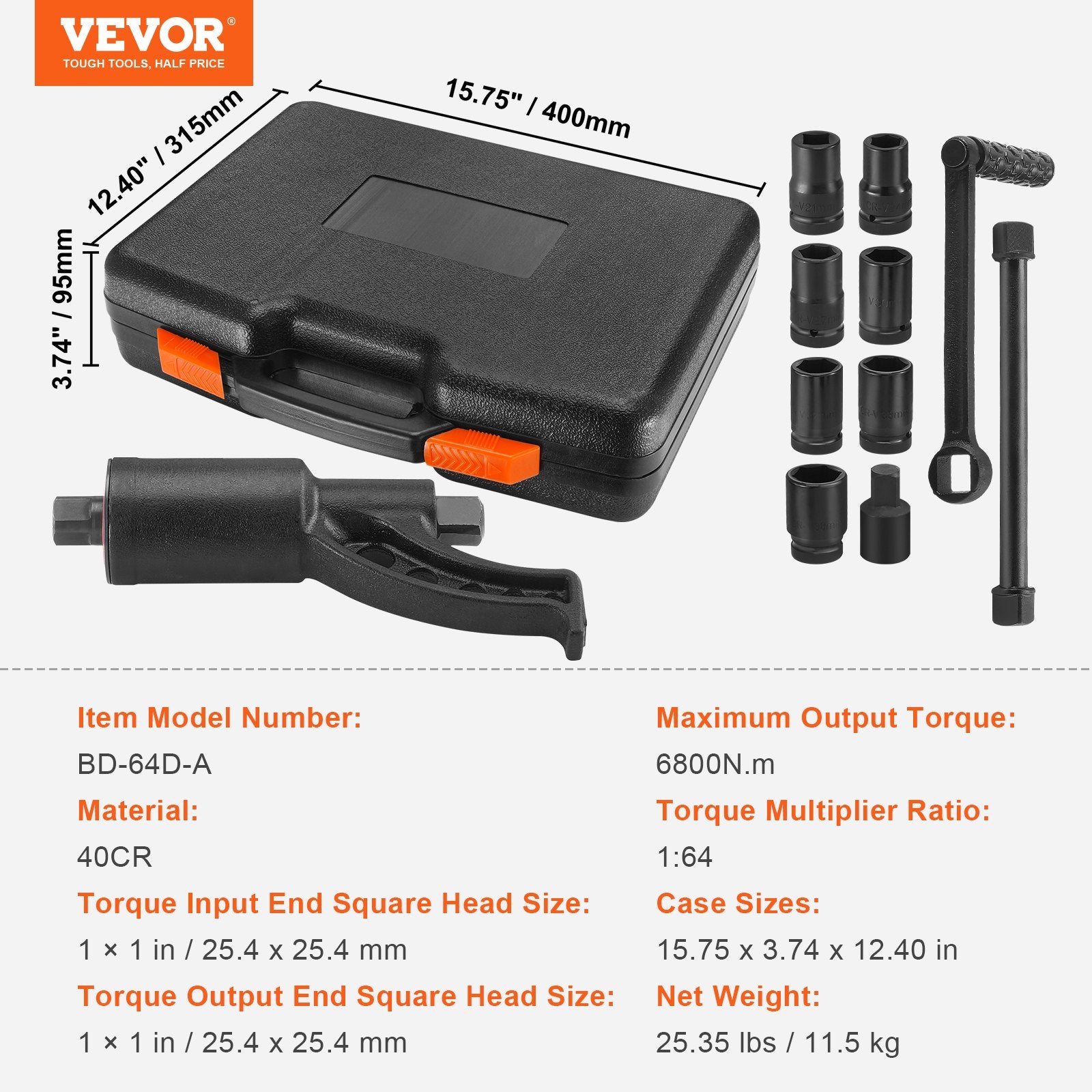 Heavy Duty Torque Multiplier Wrench Set 1" Drive, 1:64 6800N·m, 8 Sockets, Case