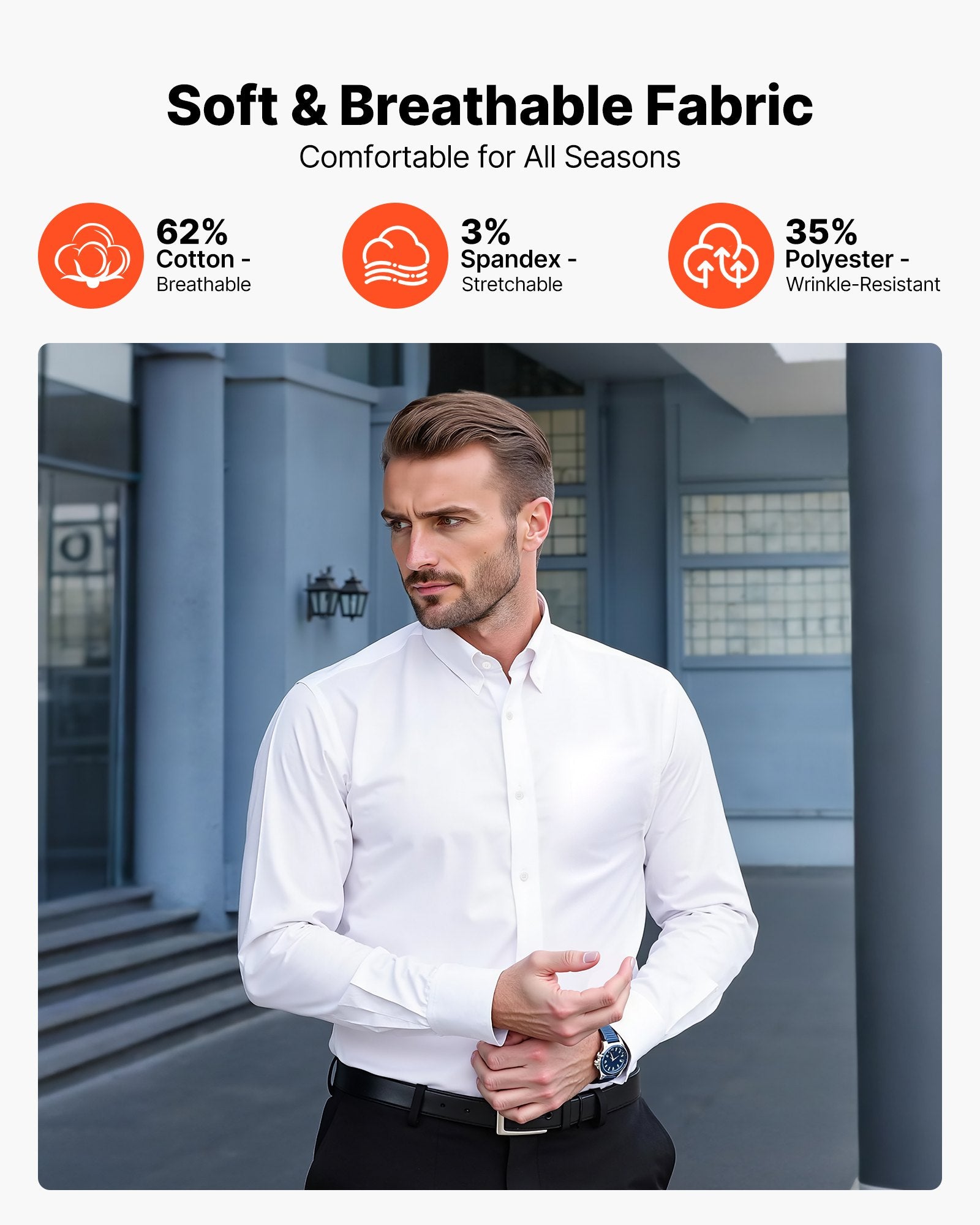Men's Long Sleeve Wrinkle-Free Button Down Shirt Slim Fit White