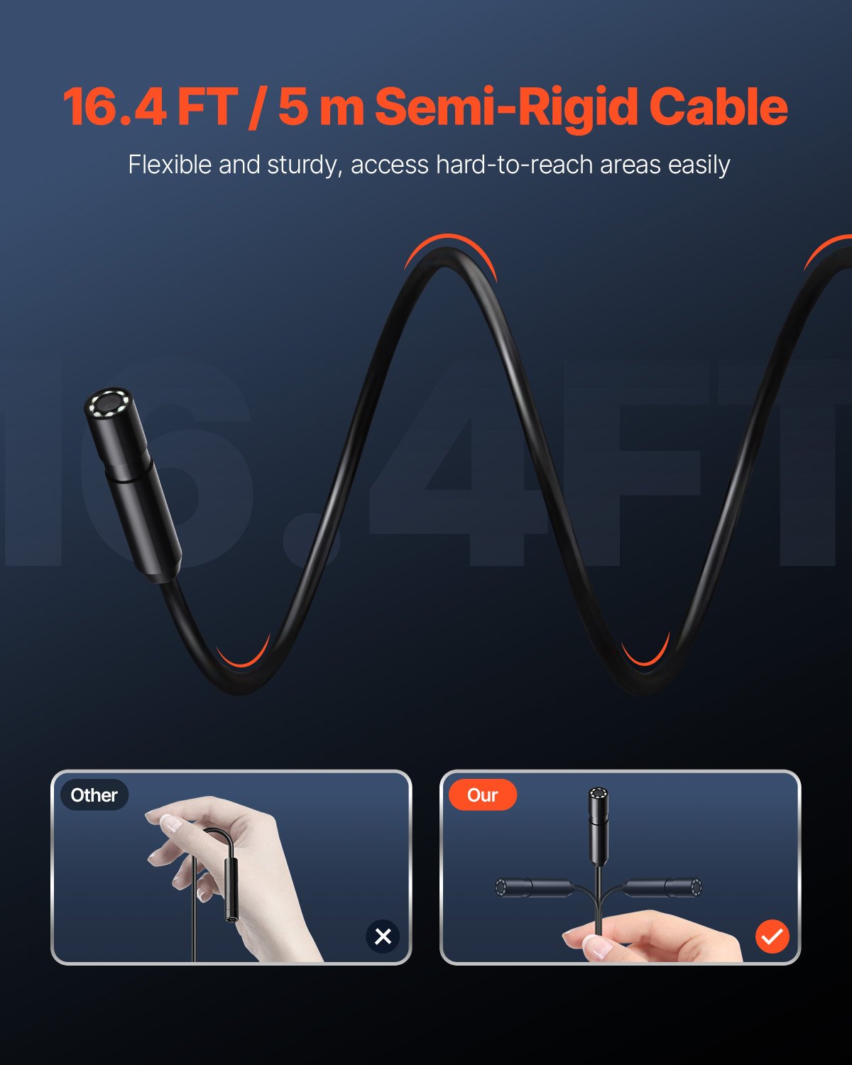 1920P Endoscope Camera w/ Light, Android & iOS, 8 LED, 5m Cable, IP67