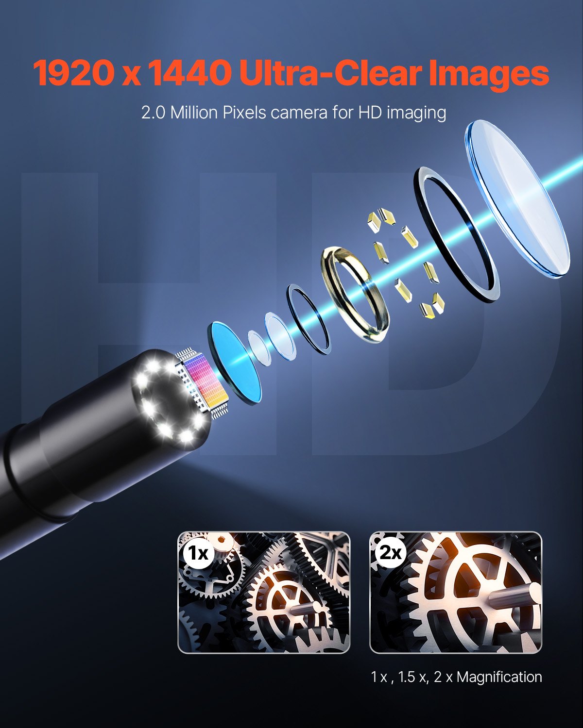 1920P Endoscope Camera w/ Light, Android & iOS, 8 LED, 5m Cable, IP67
