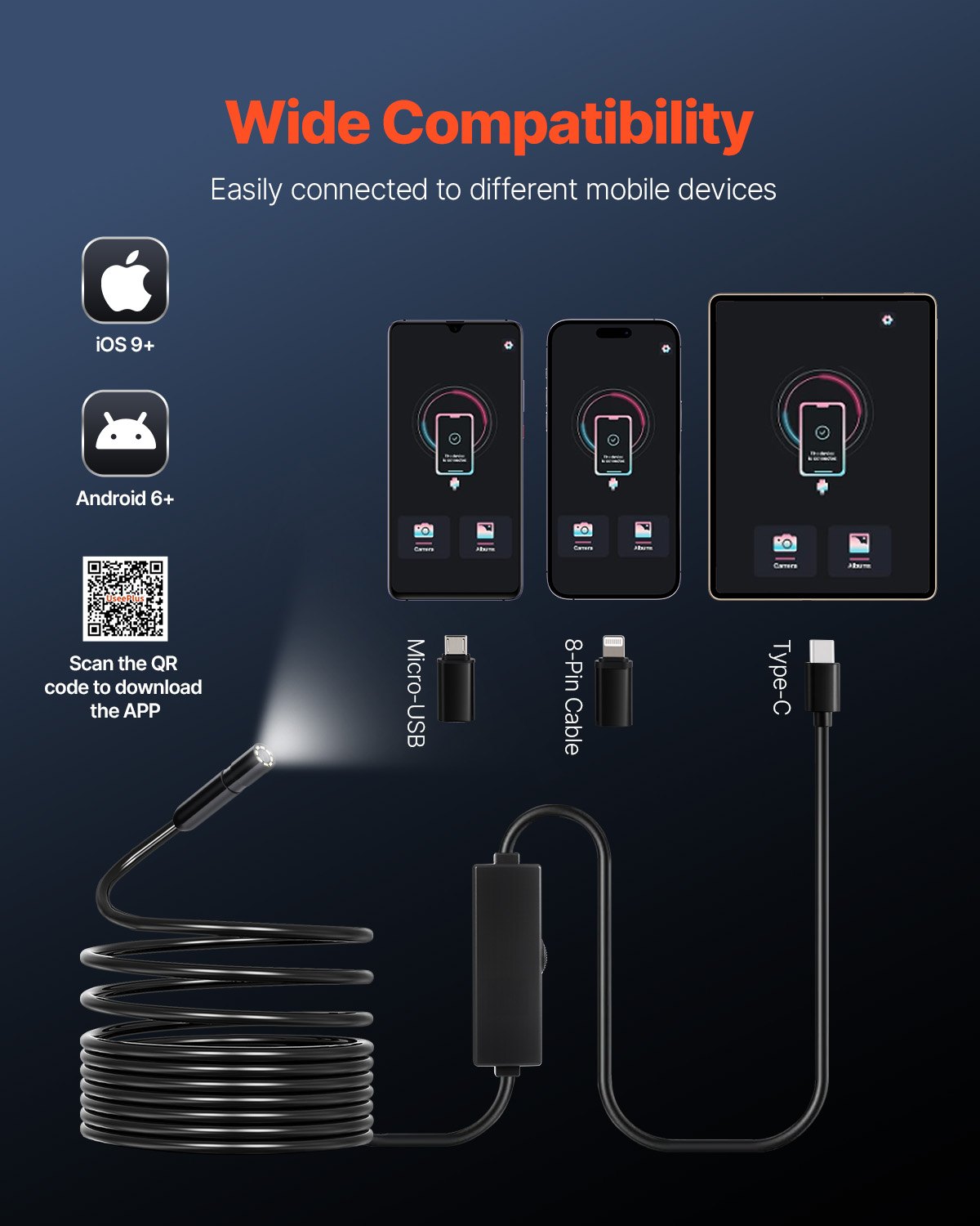 1920P Endoscope Camera w/ Light, Android & iOS, 8 LED, 5m Cable, IP67