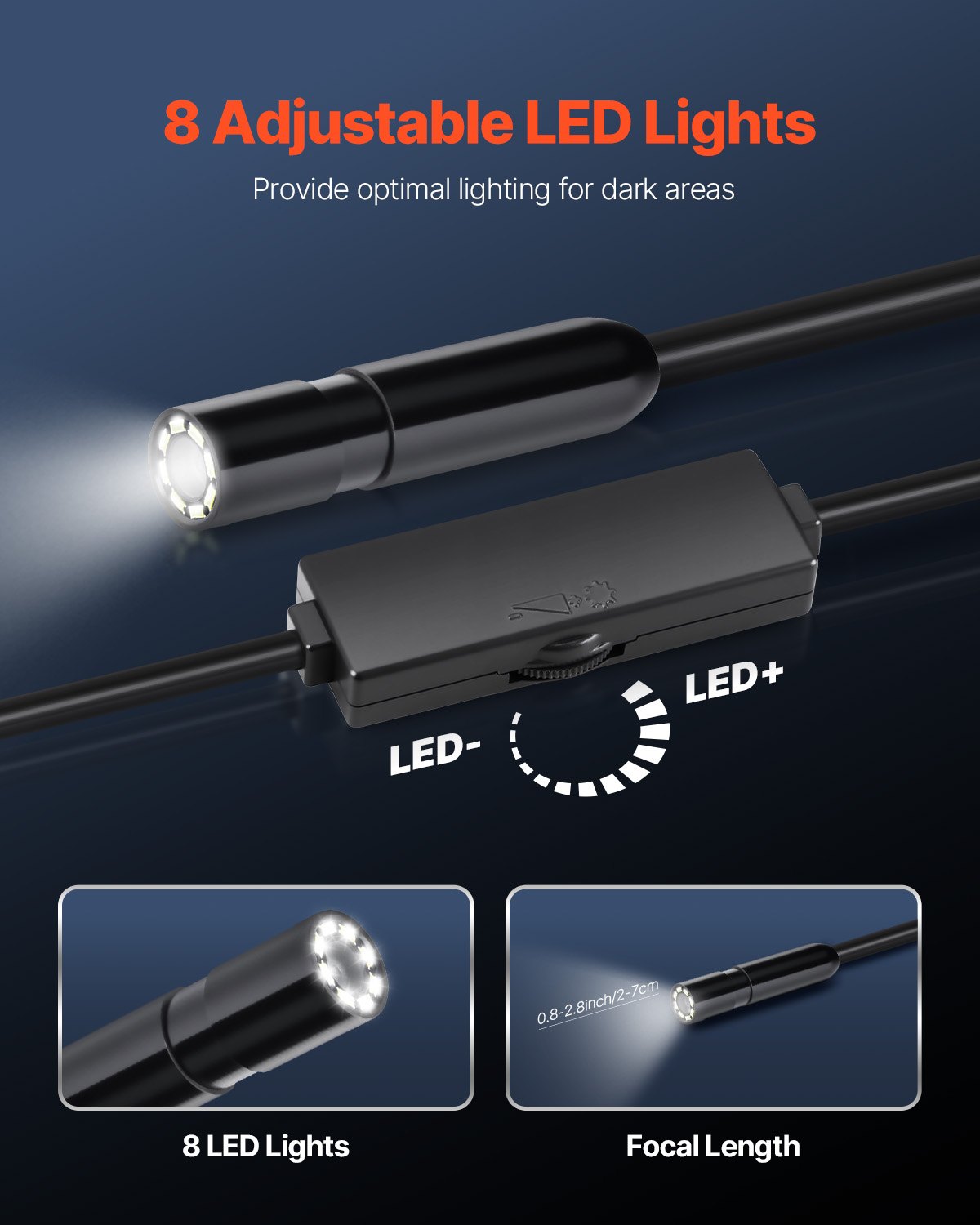 1920P Endoscope Camera w/ Light, Android & iOS, 8 LED, 5m Cable, IP67