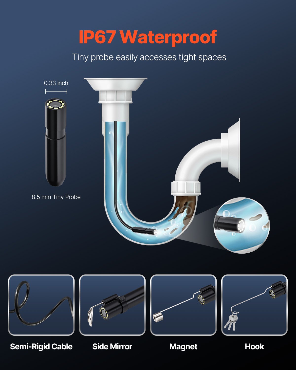 1920P Endoscope Camera w/ Light, Android & iOS, 8 LED, 5m Cable, IP67