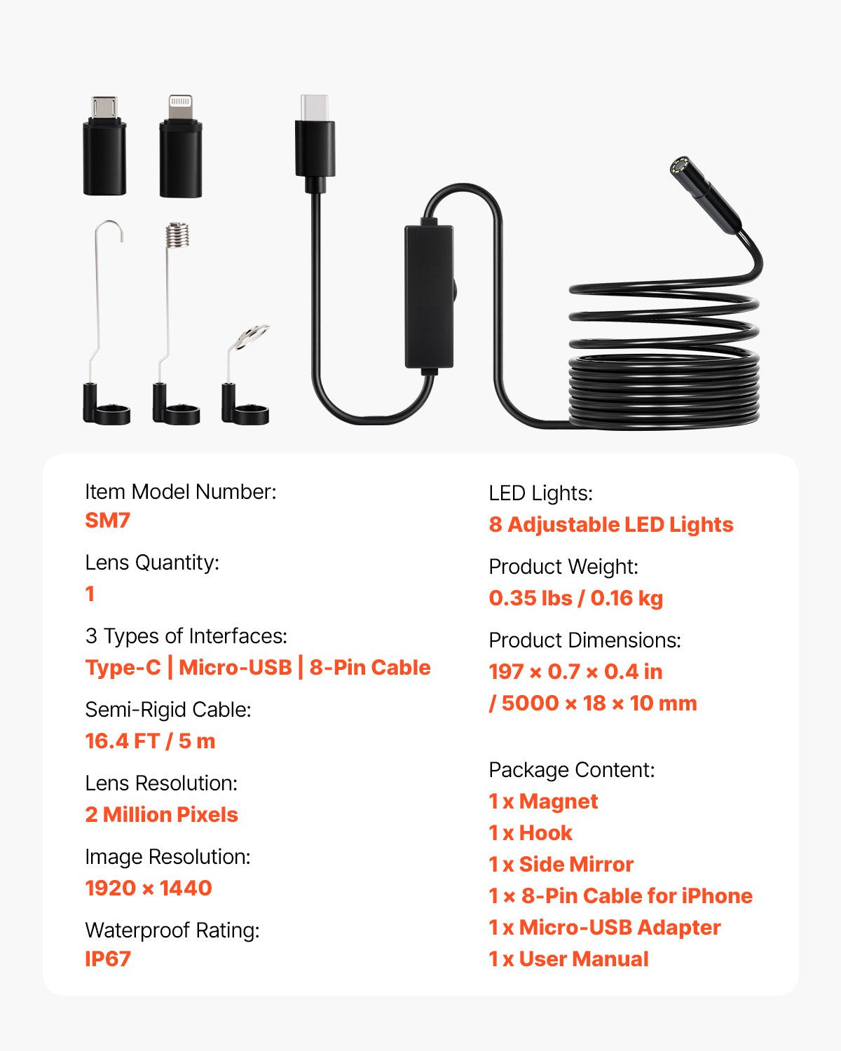 1920P Endoscope Camera w/ Light, Android & iOS, 8 LED, 5m Cable, IP67