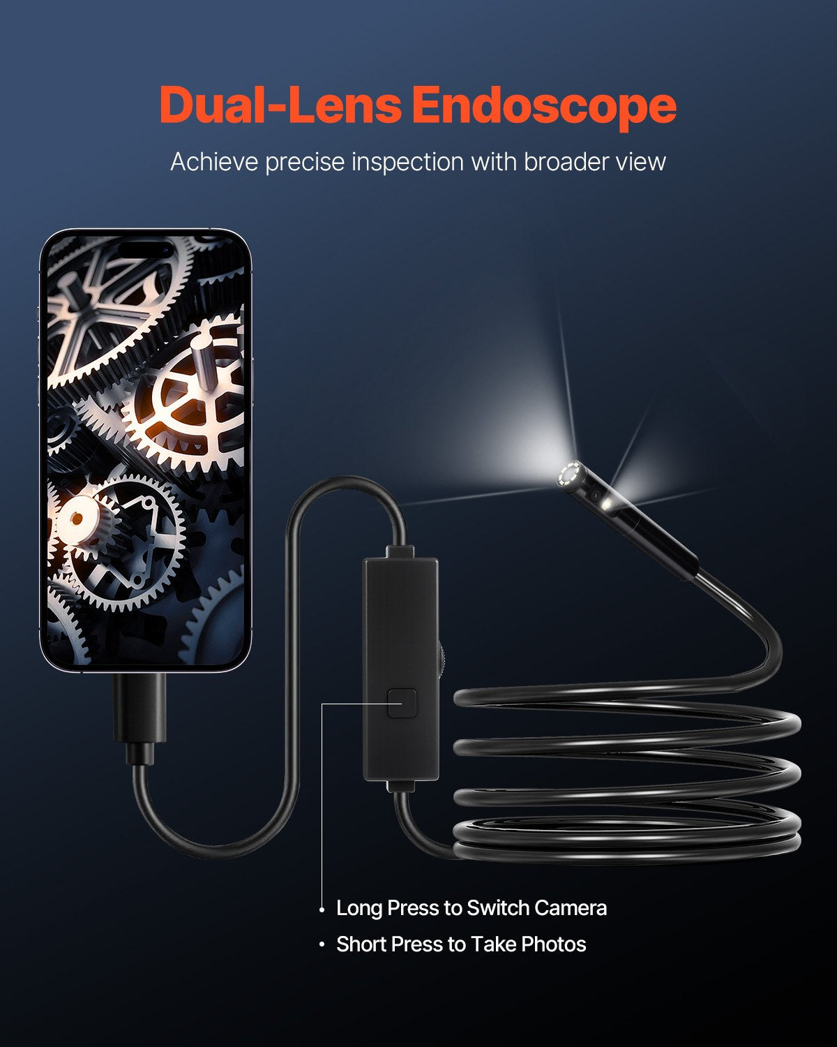 Endoscope Camera Dual Lens 1920P HD 8+1 LED 2X Zoom 3m IP67 Android iOS