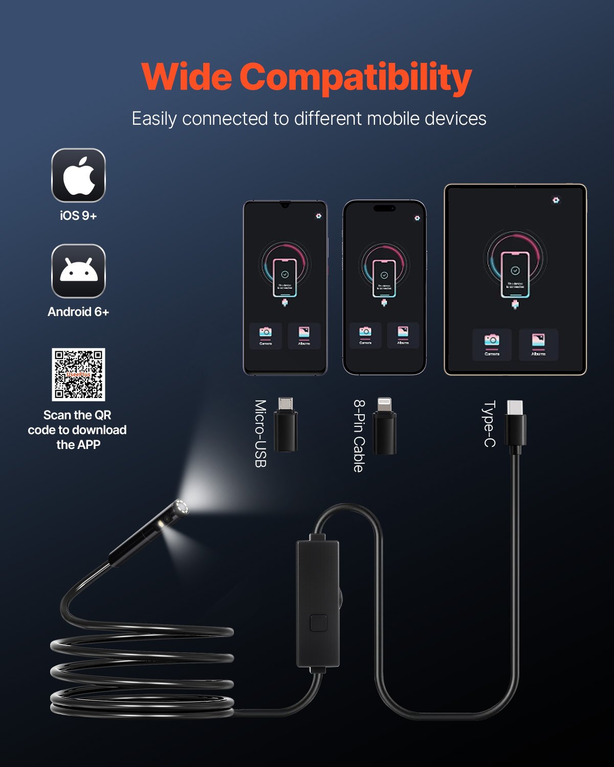 Endoscope Camera Dual Lens 1920P HD 8+1 LED 2X Zoom 3m IP67 Android iOS